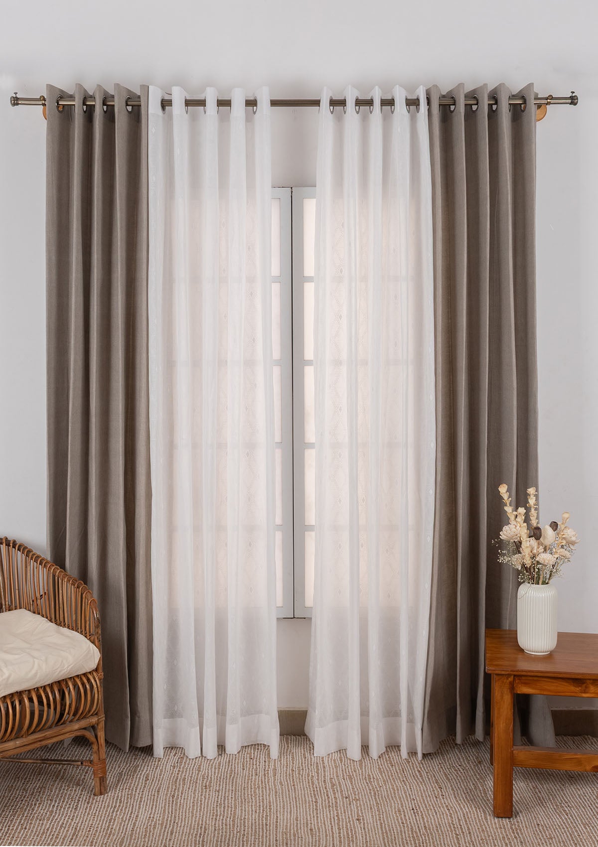 Solid Elephant Grey Linen Curtain with Haze Sheer - 100% Cotton Light-Reducing Curtains for Living Room & Bedroom - Pack of 4