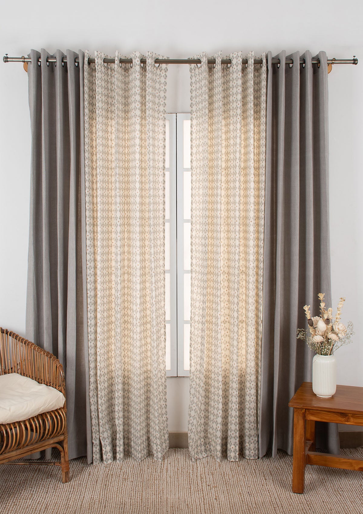 Solid Elephant Grey Linen Curtain with Mirage Geometric Sheer - 100% Cotton Light-Reducing Curtains for Living Room & Bedroom - Pack of 4