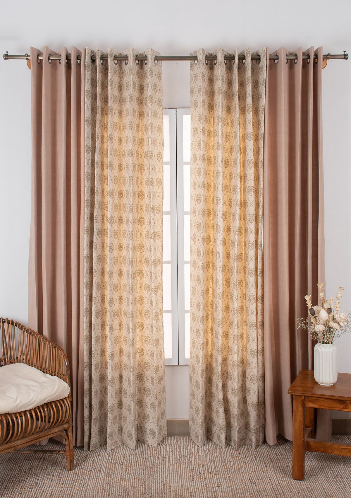 Solid Pink Sand Linen Curtain with Fable Modern Floral-Geometric Design - 100% Cotton Room-Darkening Curtains - Multicolor - Pack of 4