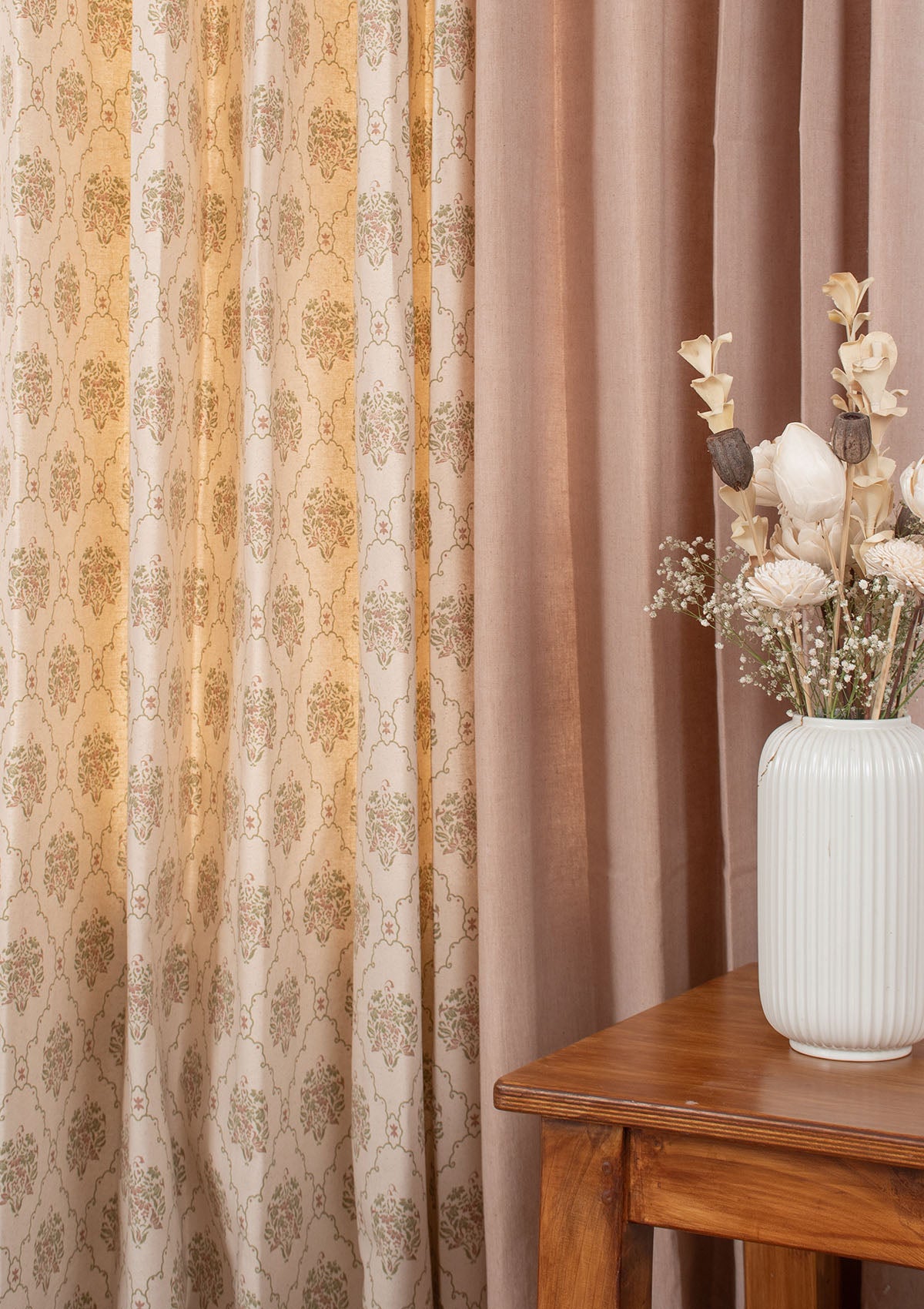 Solid Pink Sand Linen Curtain with Fable Modern Floral-Geometric Design - 100% Cotton Room-Darkening Curtains - Multicolor - Pack of 4