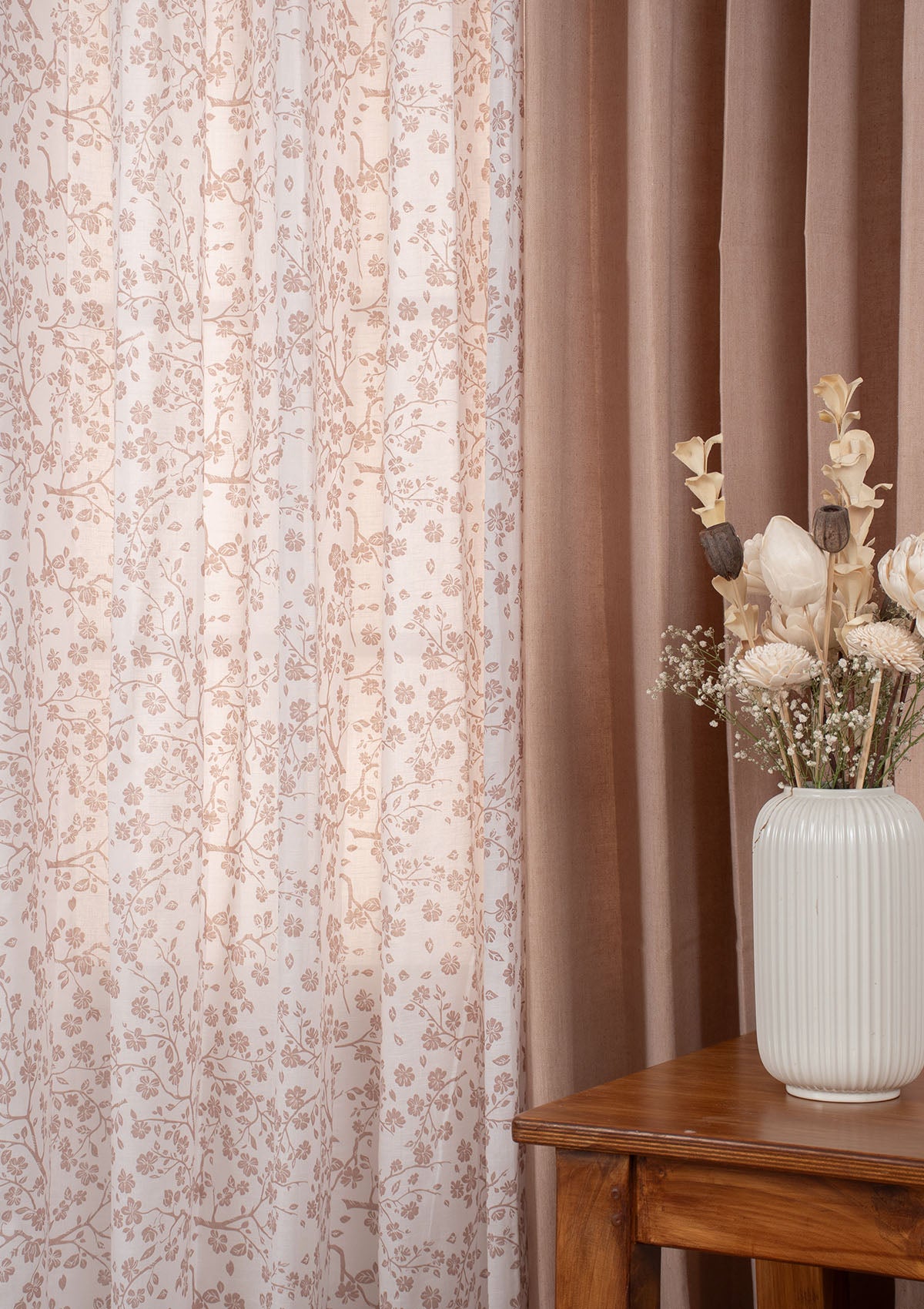 Solid Pink Sand Linen Curtain with Sakura Floral Sheer - 100% Cotton Light-Reducing Curtains for Living Room & Bedroom - Pack of 4