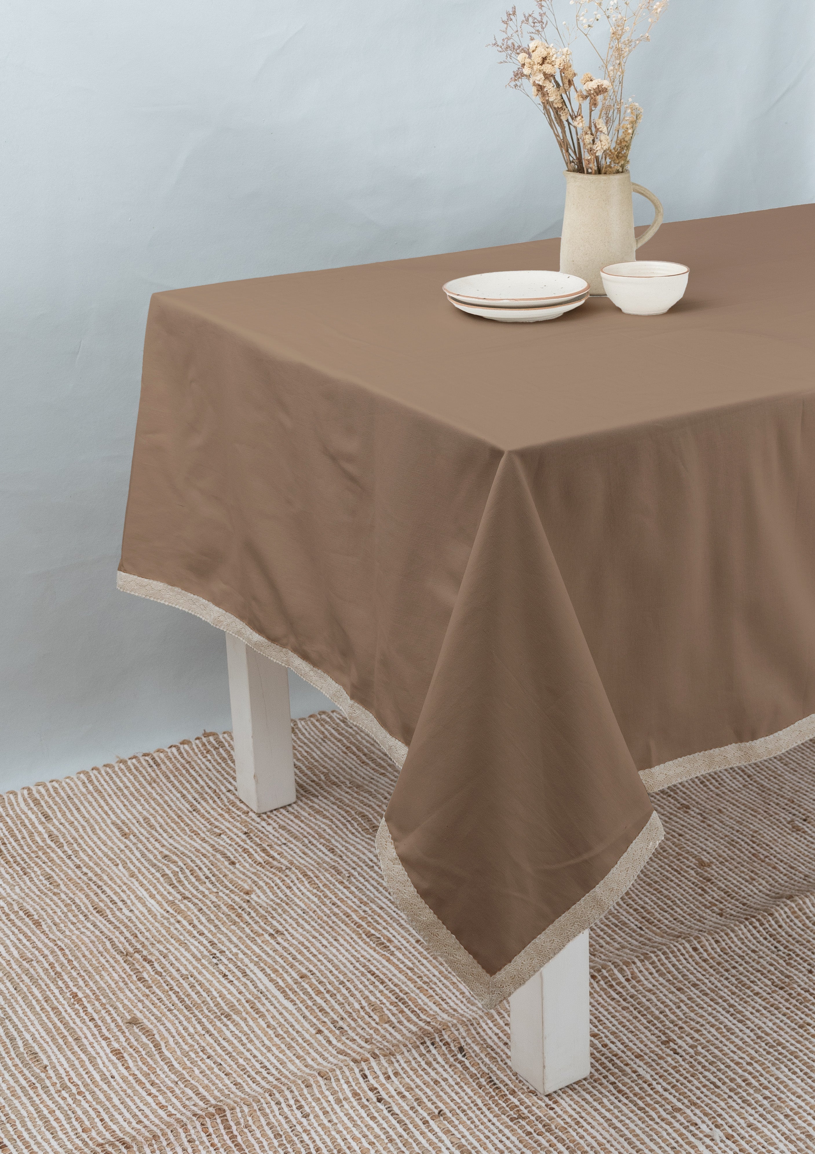 Solid chocolate brown 100% cotton plain table cloth for 4 seater or 6 seater dining  with lace border