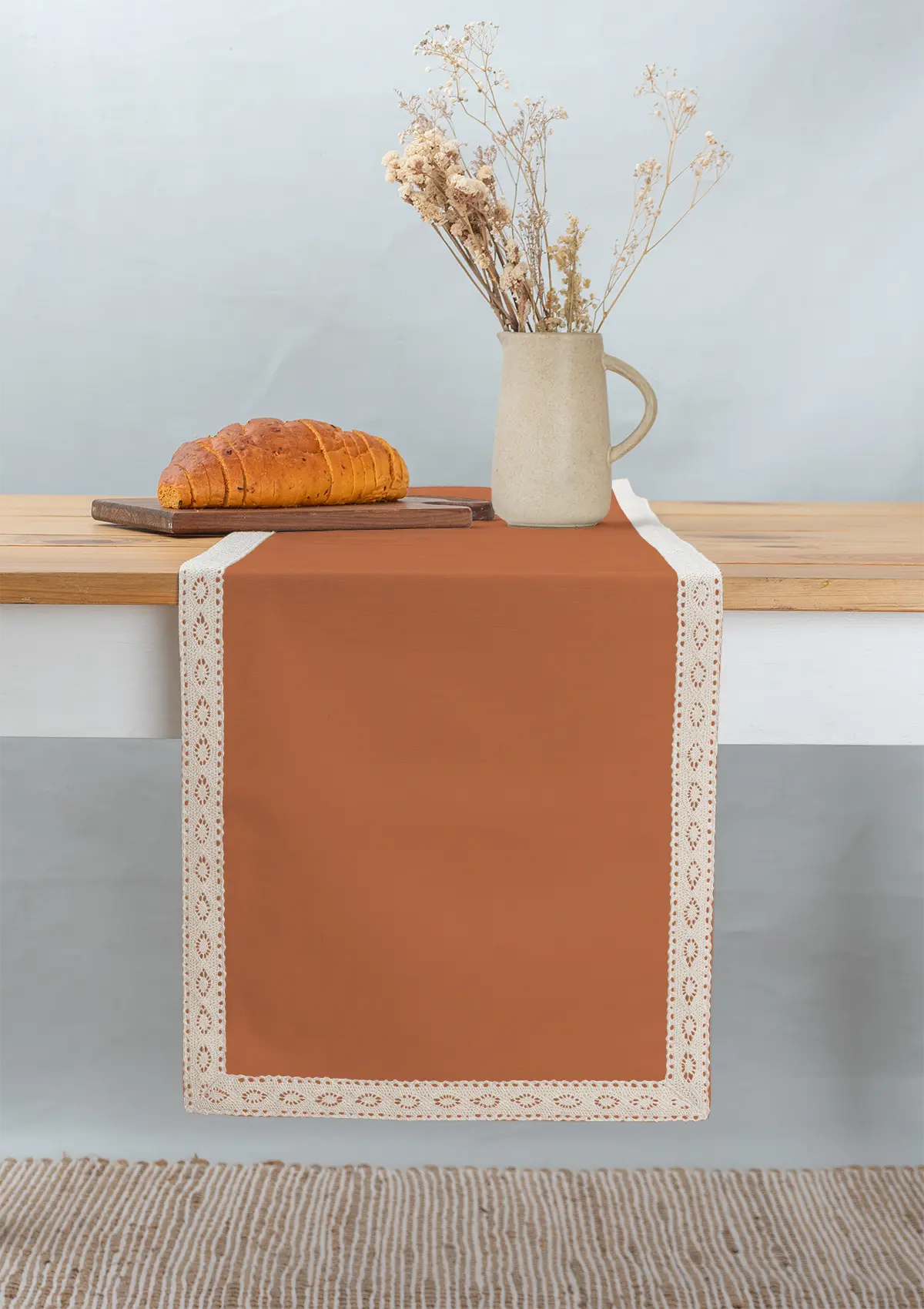 Solid orange 100% cotton plain table runner for 4 seater or 6 seater dining  with lace boarder