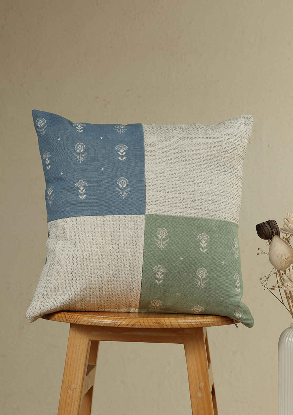 Sora Green & Blue Textured 100% Cotton Cushion Cover For Sofa