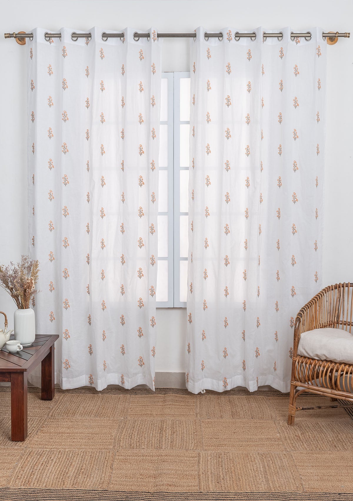 Spring 100% cotton embroidered floral sheer curtain for living room - Light filtering - Orange - Single