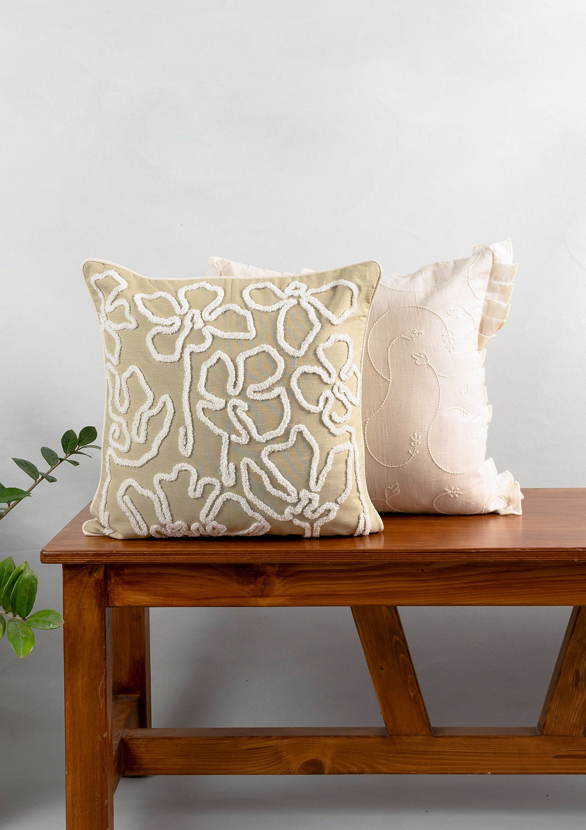 Stella Embroidered Flower Pattern & Medley Embroidered Minimal Design 100% Cotton Cushion Covers for Sofa - Herb Green & Cream - Pack of 2