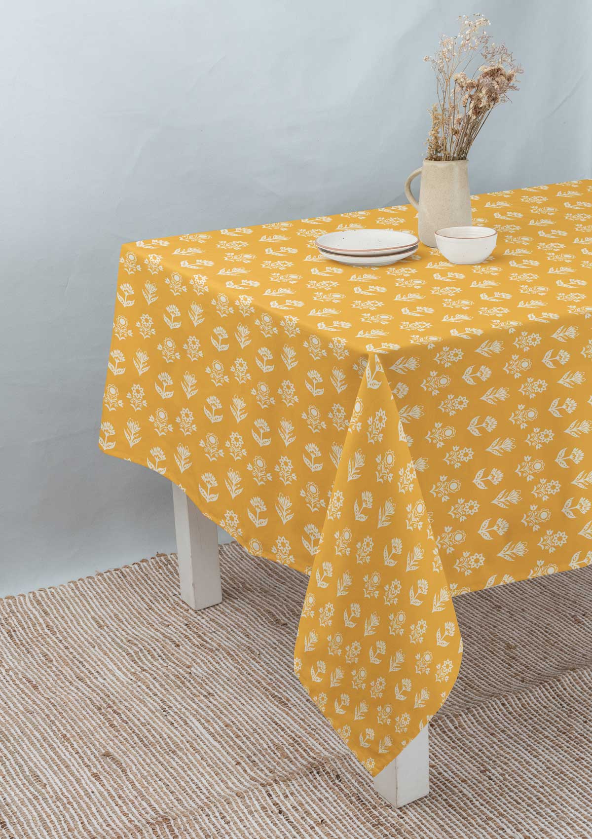 Dahlia 100% cotton customizable floral table cloth for dining - Mustard