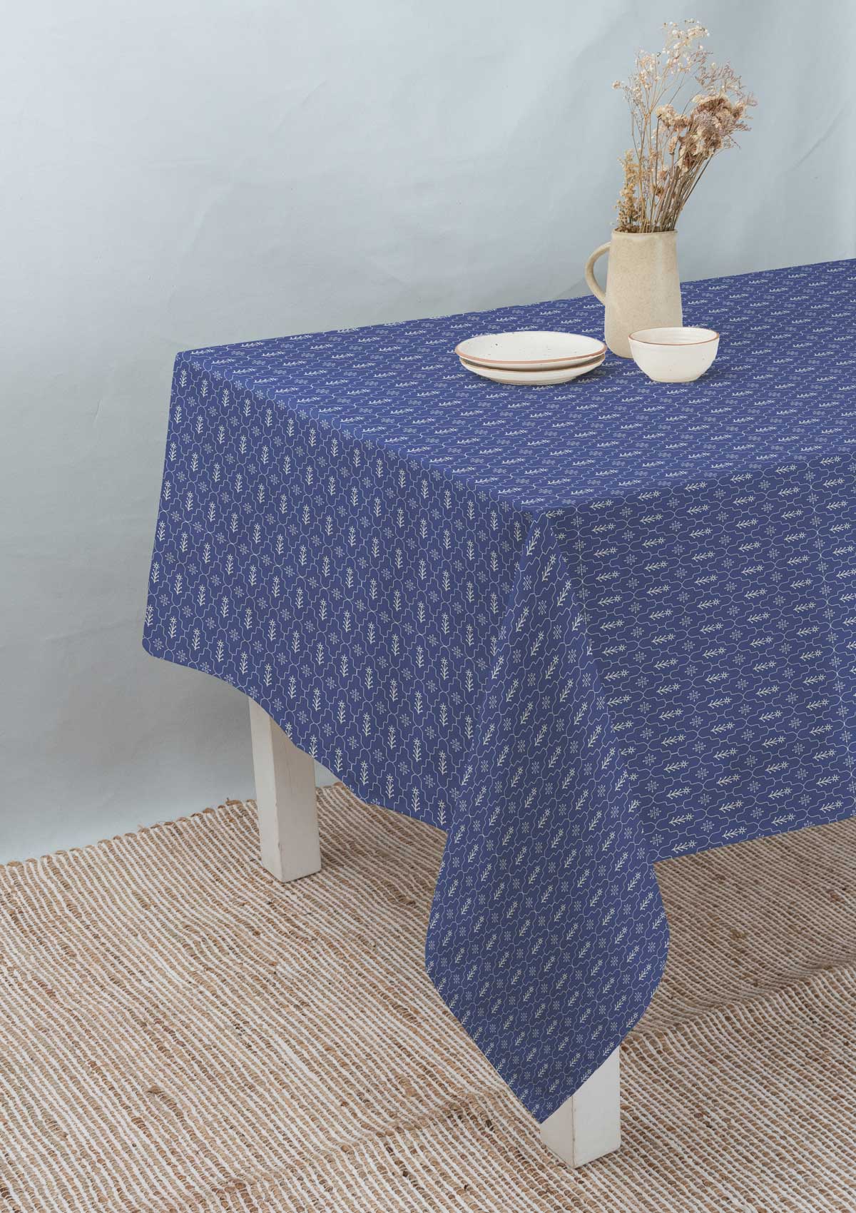 Meadow 100% cotton customizable floral table cloth for dining - indigo