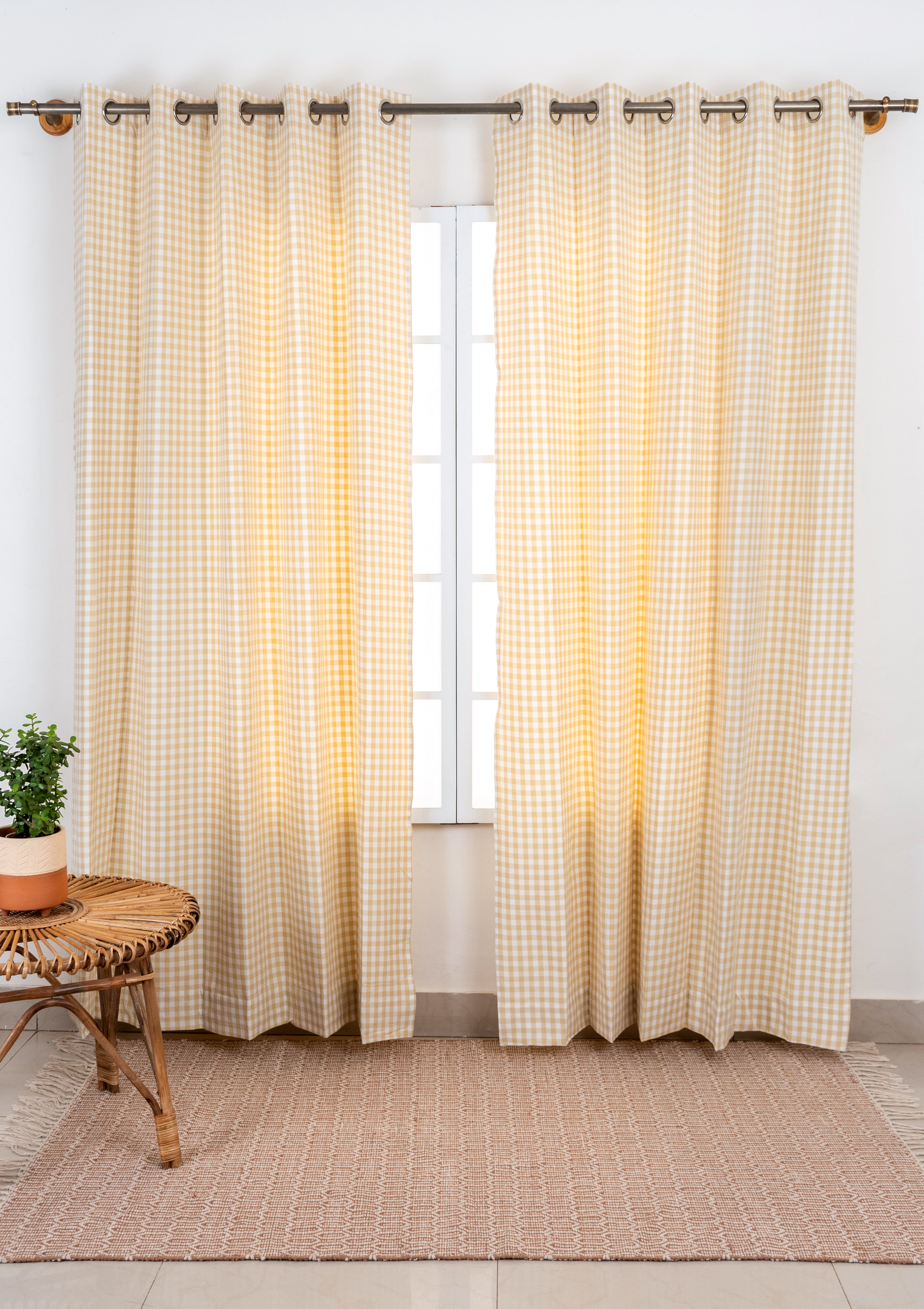Gingham Woven 100% Customizable Cotton geometric curtain for living room - Room darkening - Ivory