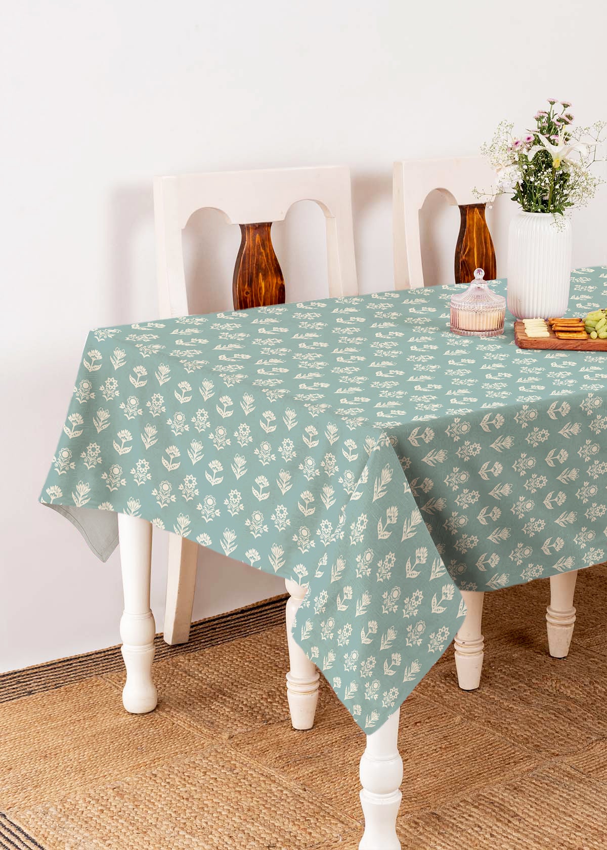 Dahlia 100% cotton customizable floral table cloth for dining - Nile Blue