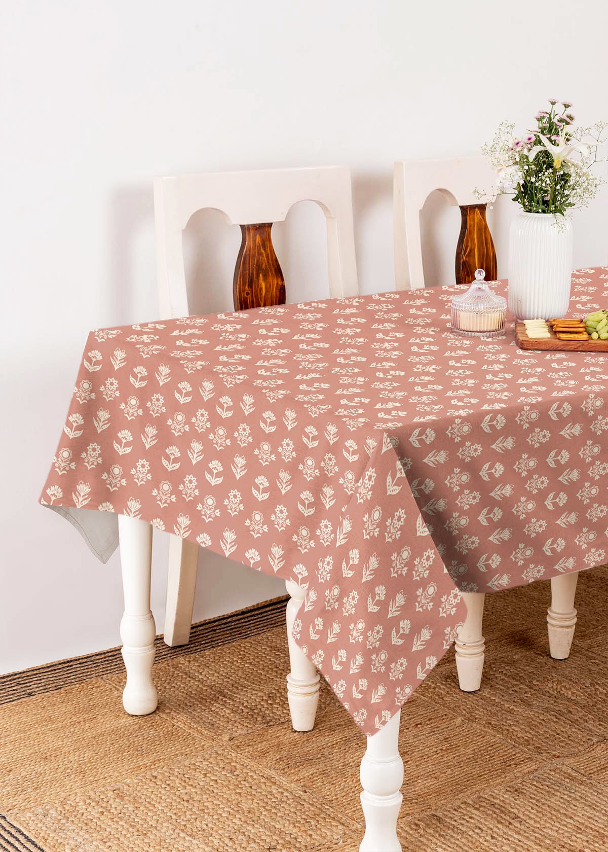 Dahlia 100% cotton customizable floral table cloth for dining - Rust