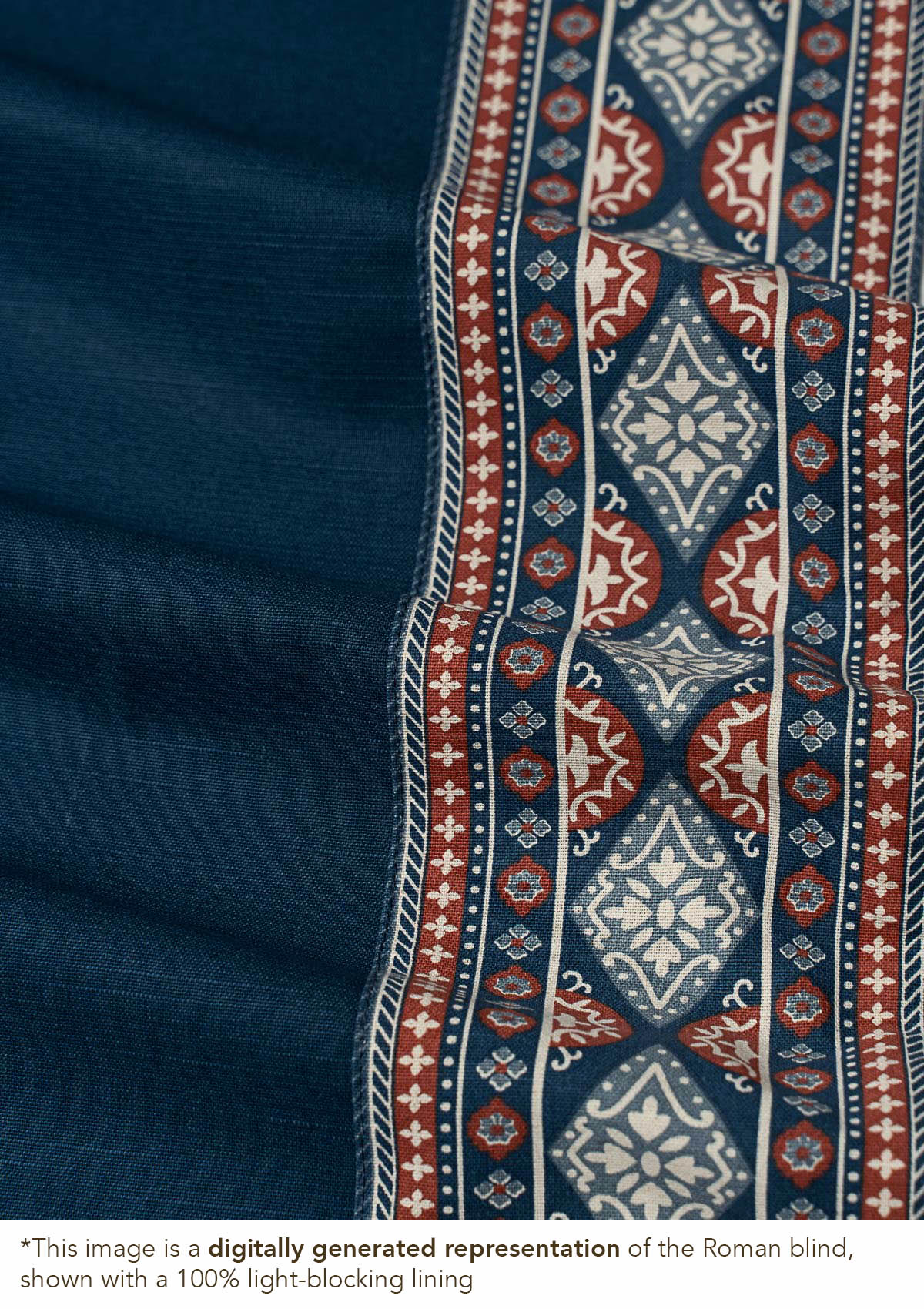Tara Indigo 100% Cotton with Trim Customizable blind for livingroom & Bedrooms  - Room Darkening - Indigo & Red