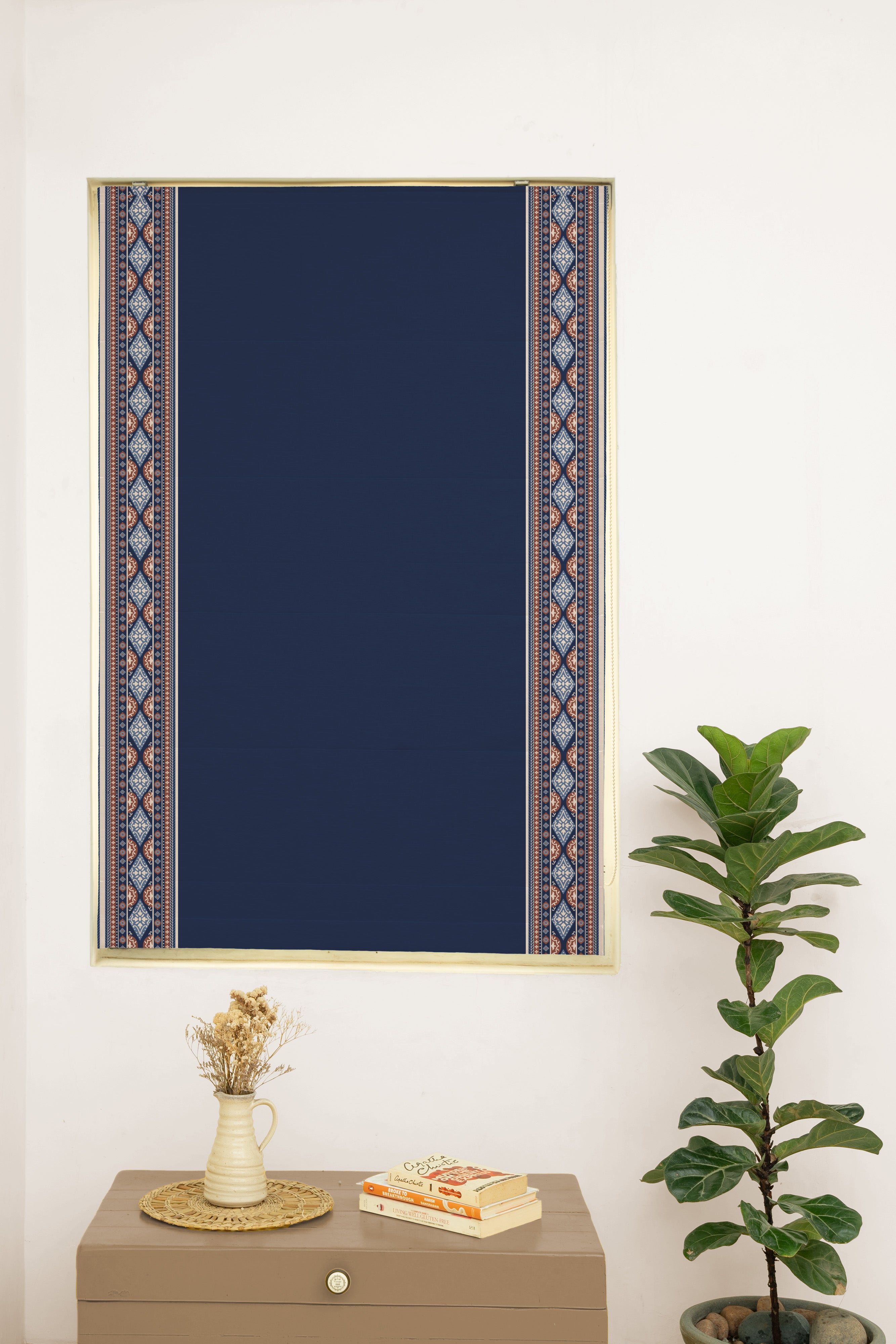 Tara Indigo 100% Cotton with Trim Customizable blind for livingroom & Bedrooms  - Room Darkening - Indigo & Red