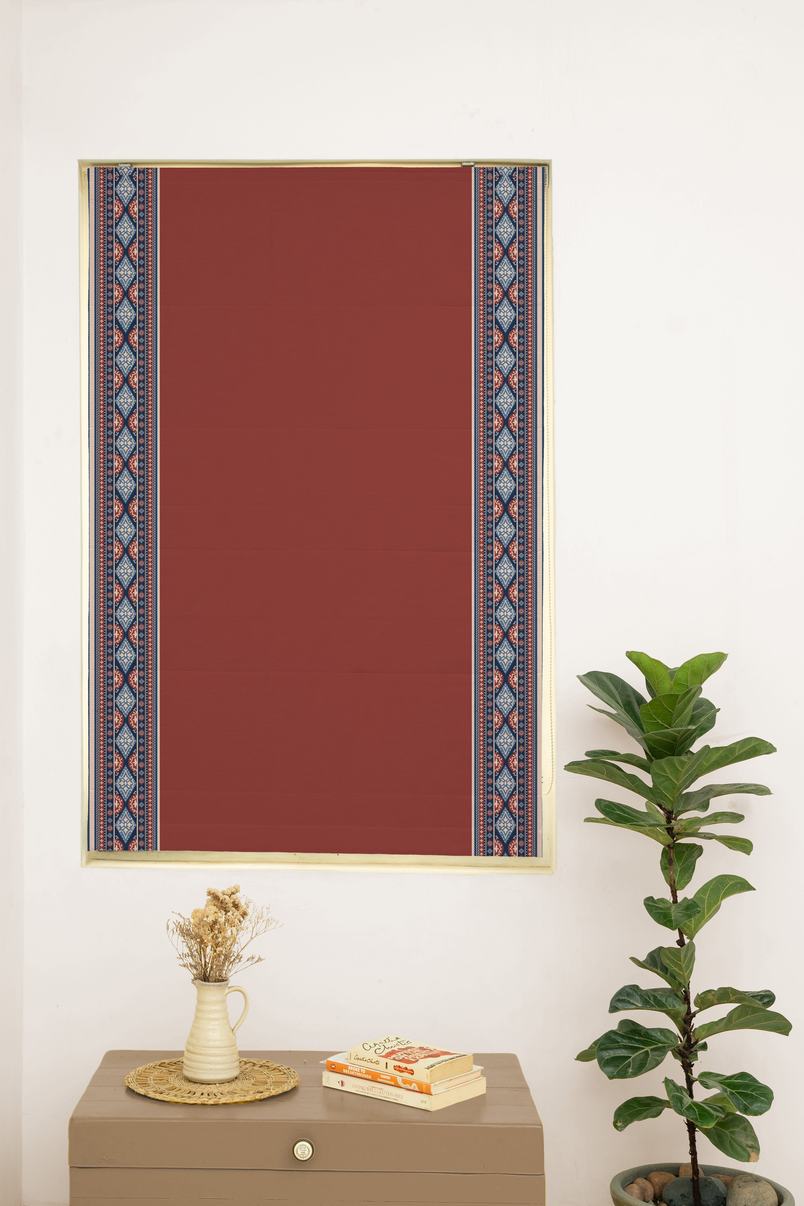 Tara Brick red 100% Cotton with Trim Customizable blind for livingroom & Bedrooms  - Room Darkening - Brick Red