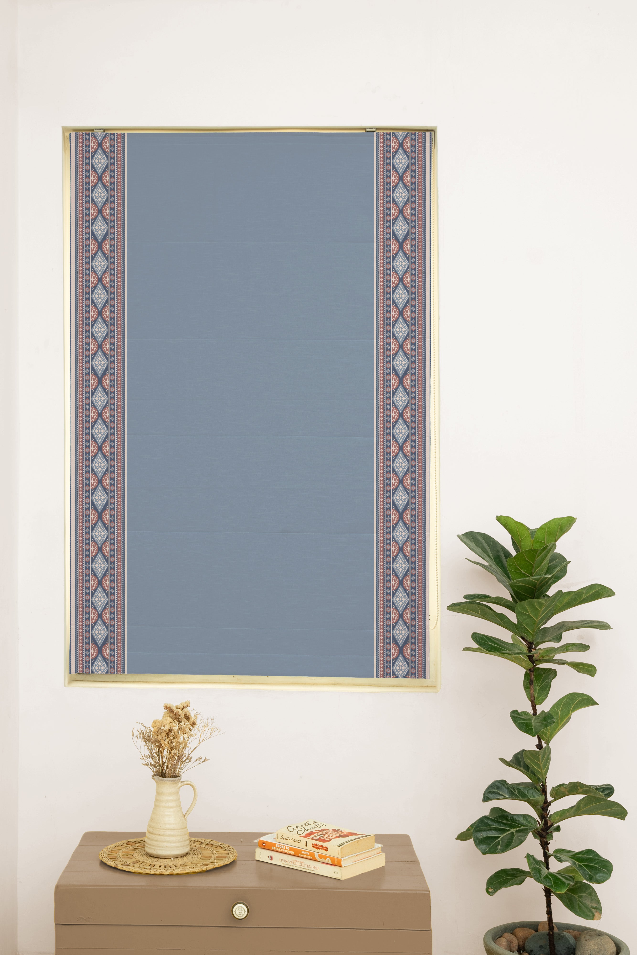 Tara mist blue 100% Cotton with Trim Customizable blind for livingroom & Bedrooms  - Room Darkening - Mist Blue