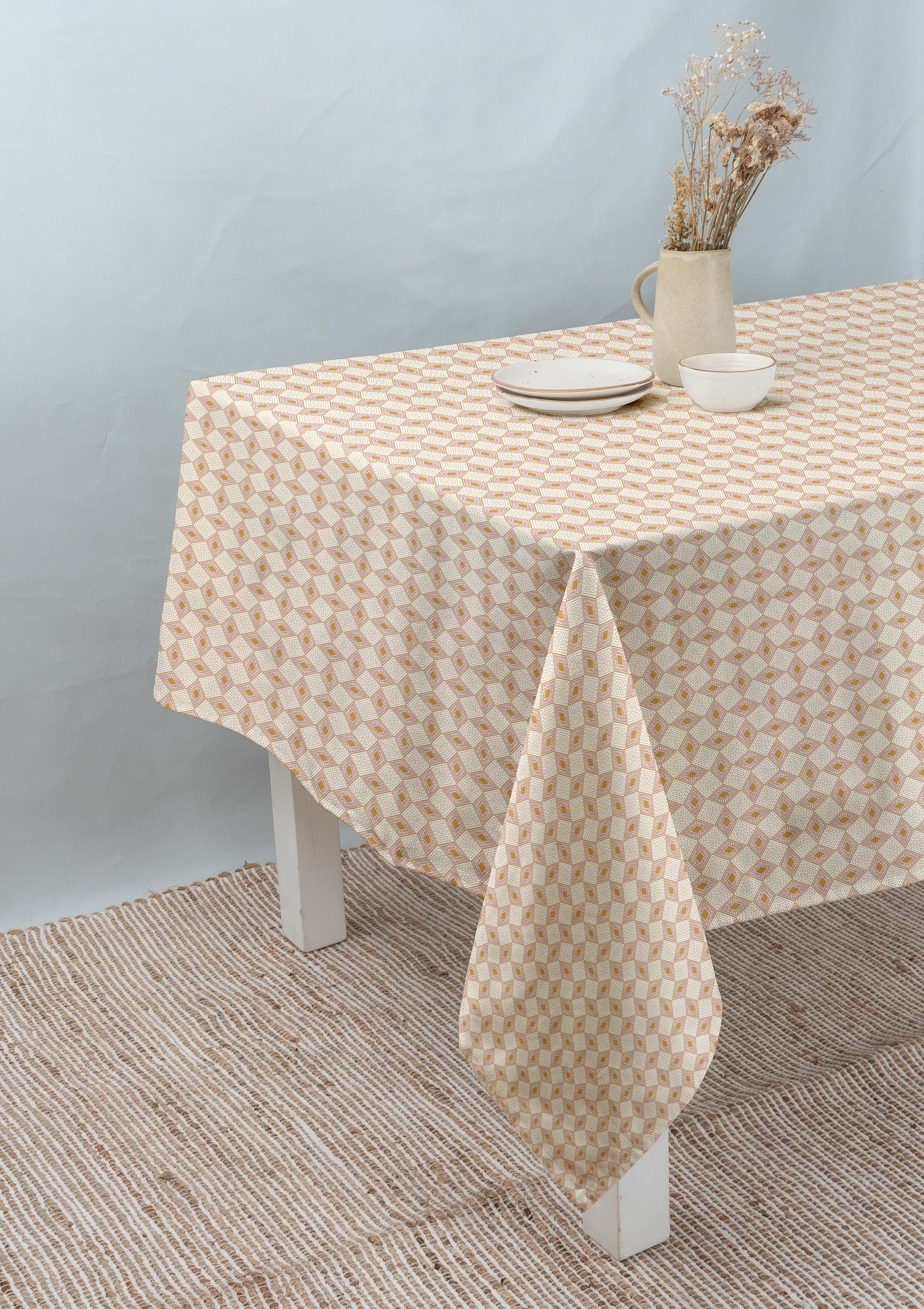 Terrazo 100% cotton customisable geometric table cloth for dining - Pink and Mustard