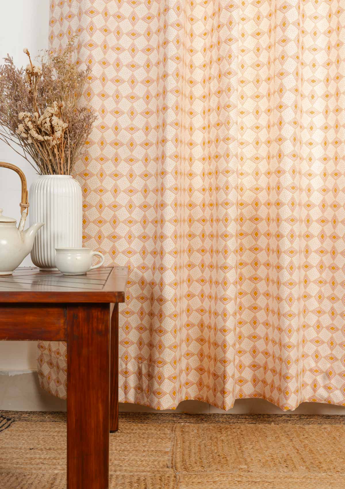 Terrazo 100% cotton geometric curtain for living room - Room darkening - Mustard - Single