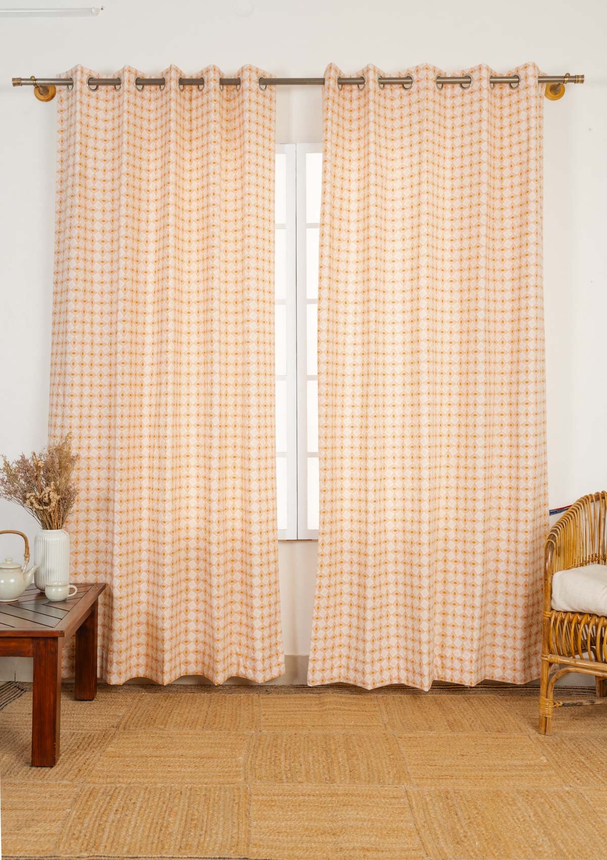 Terrazo 100% cotton geometric curtain for living room - Room darkening - Mustard - Single
