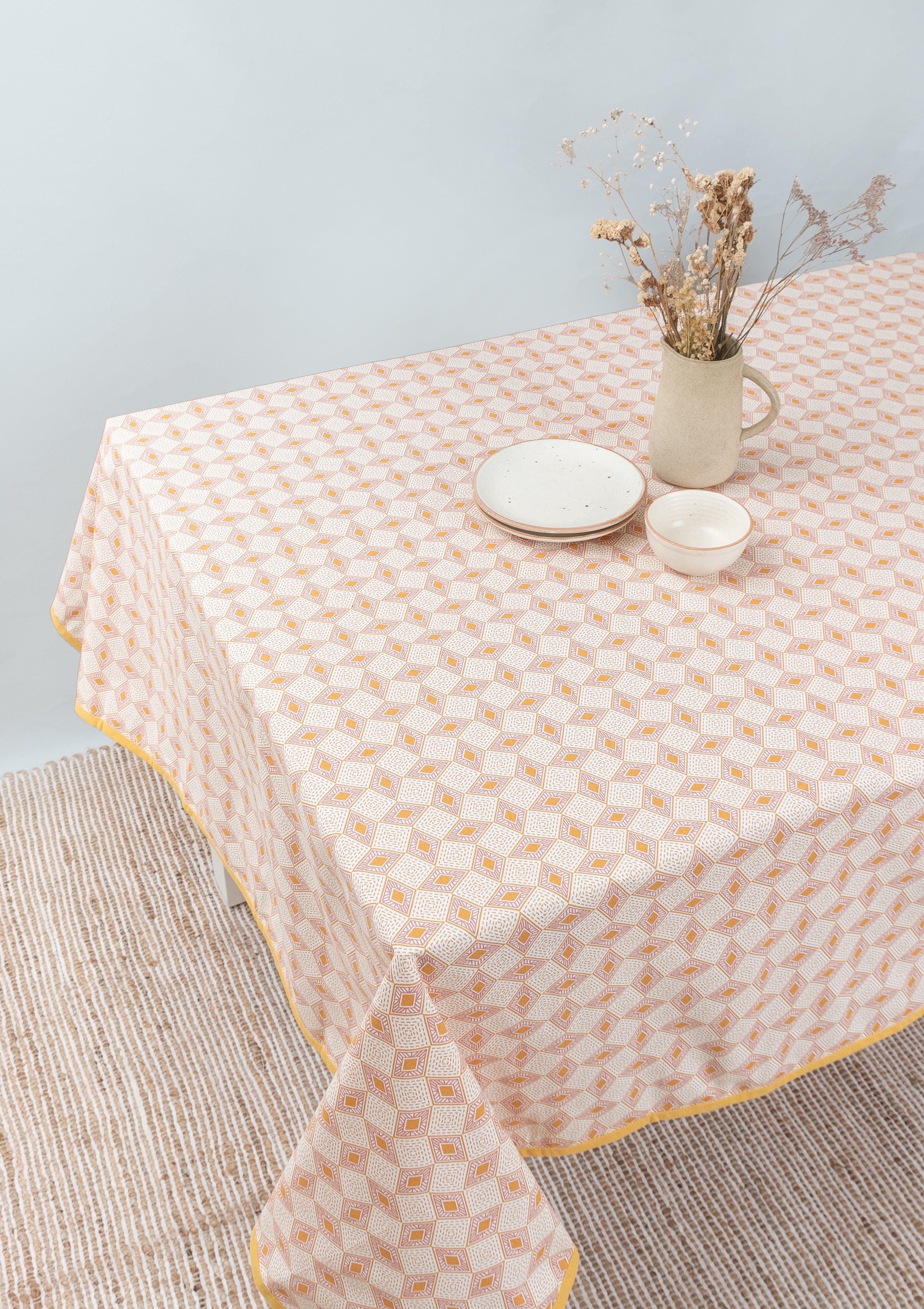 Terrazo 100% cotton geometric table cloth for 4 seater or 6 seater dining with piping