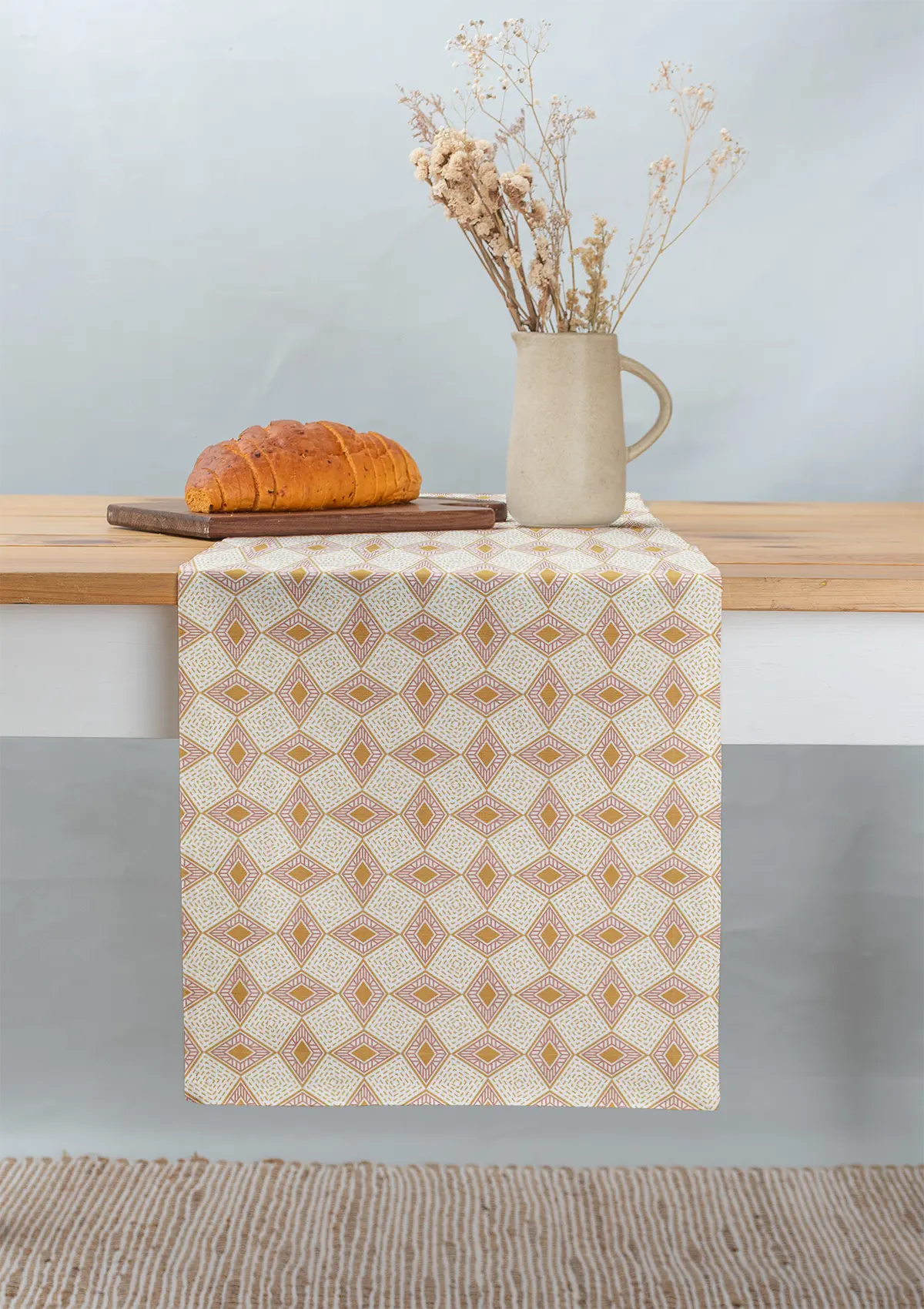 Terrazo 100% cotton customisable geometric table Runner for dining - Pink and Mustard