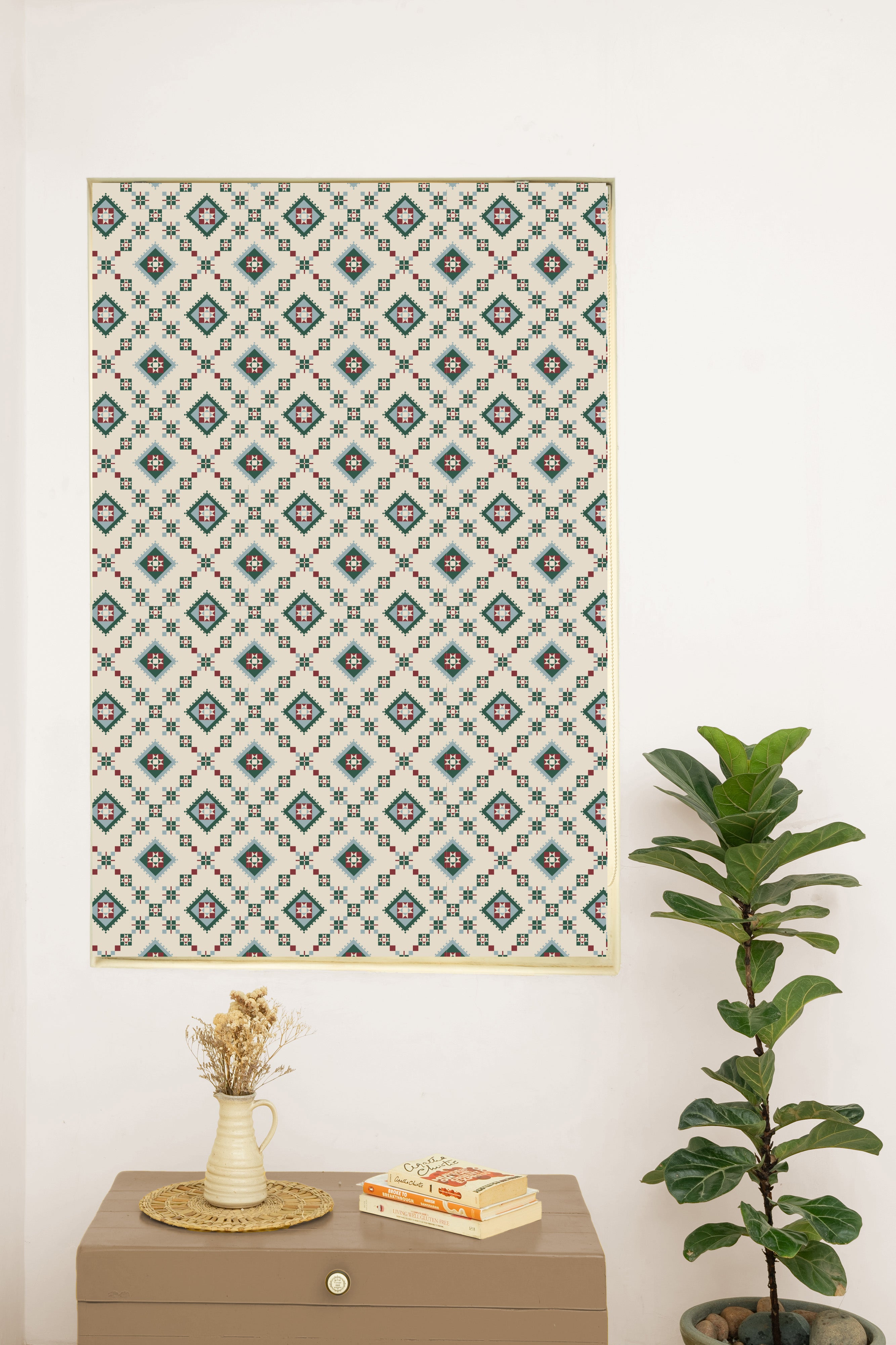 Thinnai 100% Cotton Ethnic Printed Customizable blind for livingroom & Bedrooms-Light Reduction-Green and Red