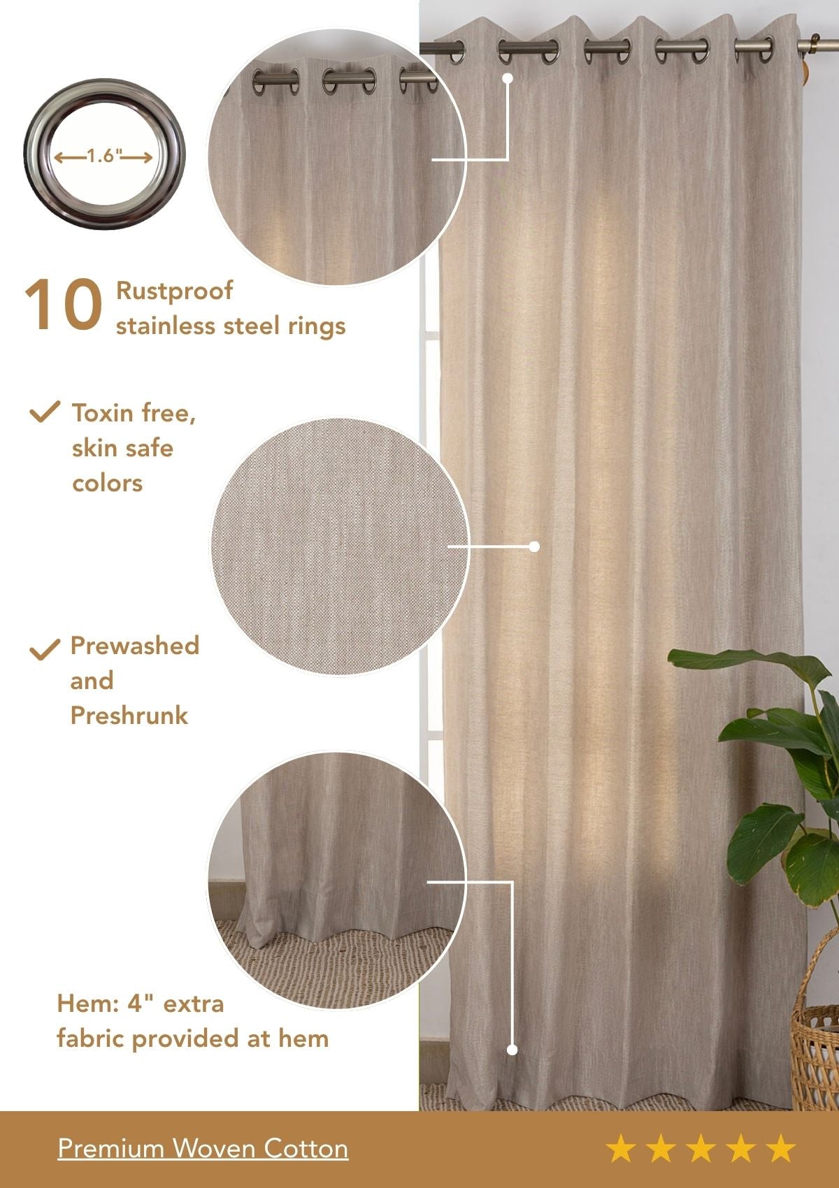 Toffee Brown Textured 100% Cotton Curtain For Living Room | Light Filtering | Single Piece