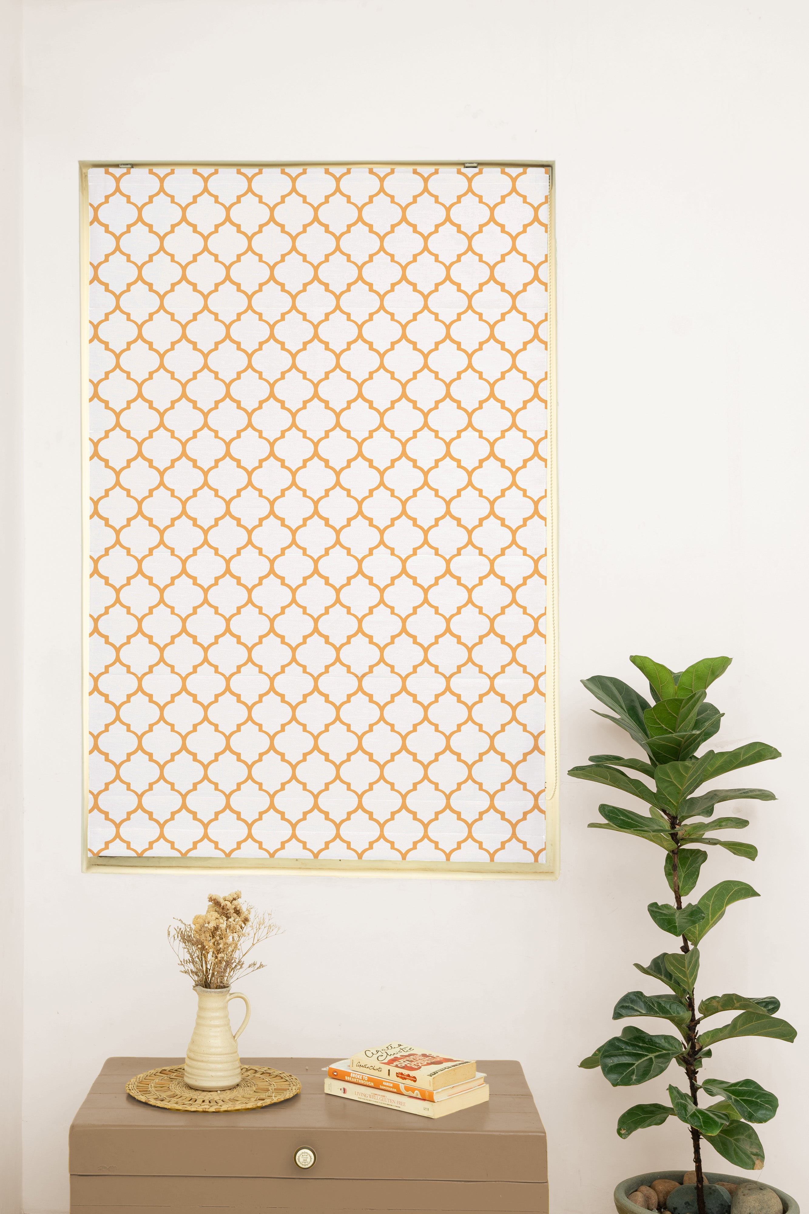 Trellis Printed 100% Customizable Cotton geometric blind for bed room - Room darkening - Mustard