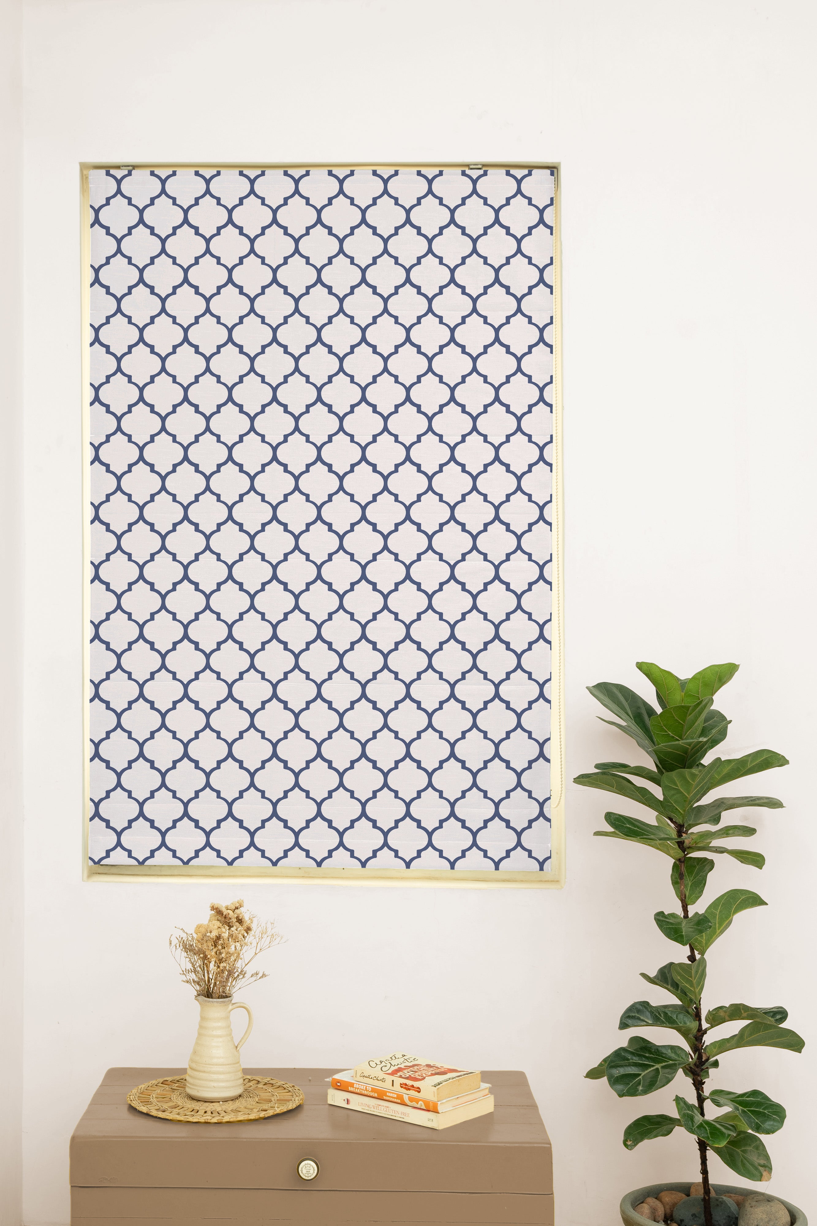 Trellis Printed 100% Customizable Cotton geometric blind for bed room - Room darkening - Royal Blue