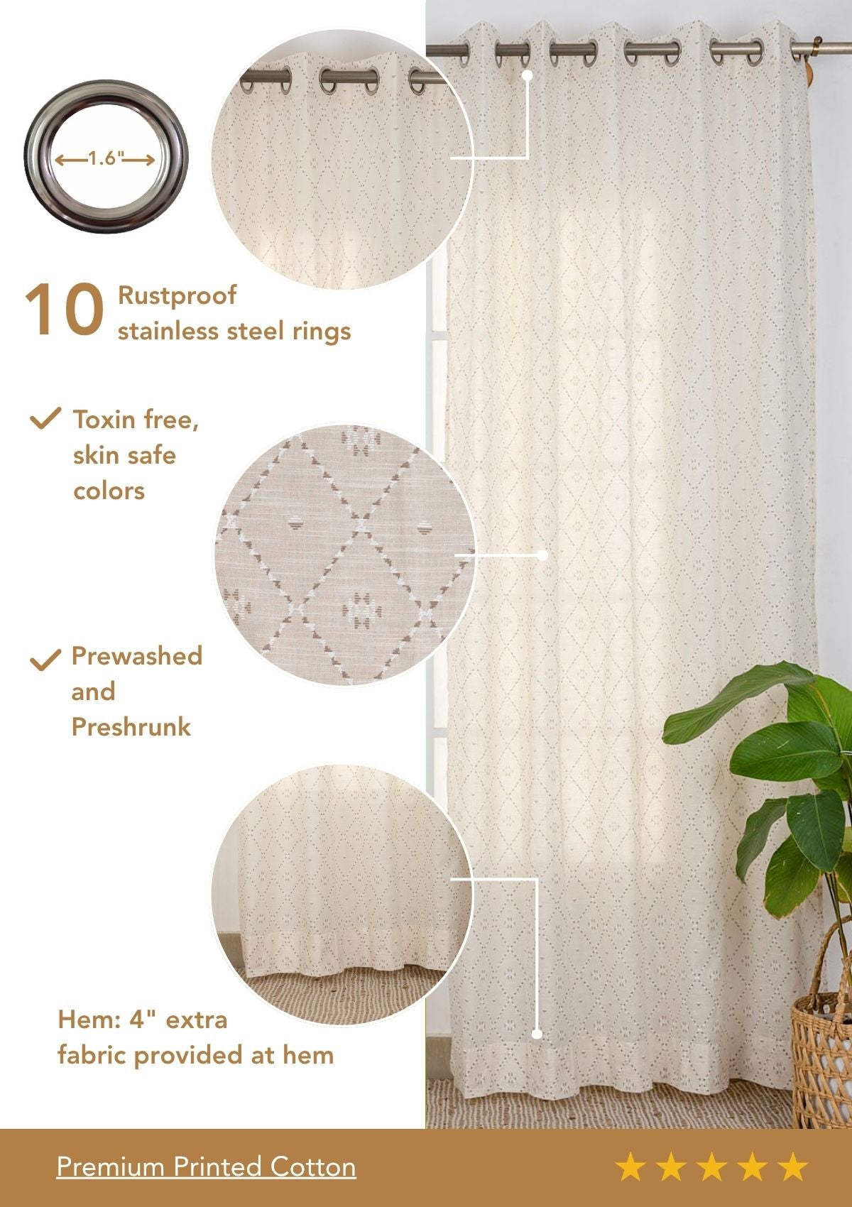 Truffle Brown Geometric Printed 100% Cotton Sheer Curtain For Living Room | Light Reduction | Single Piece