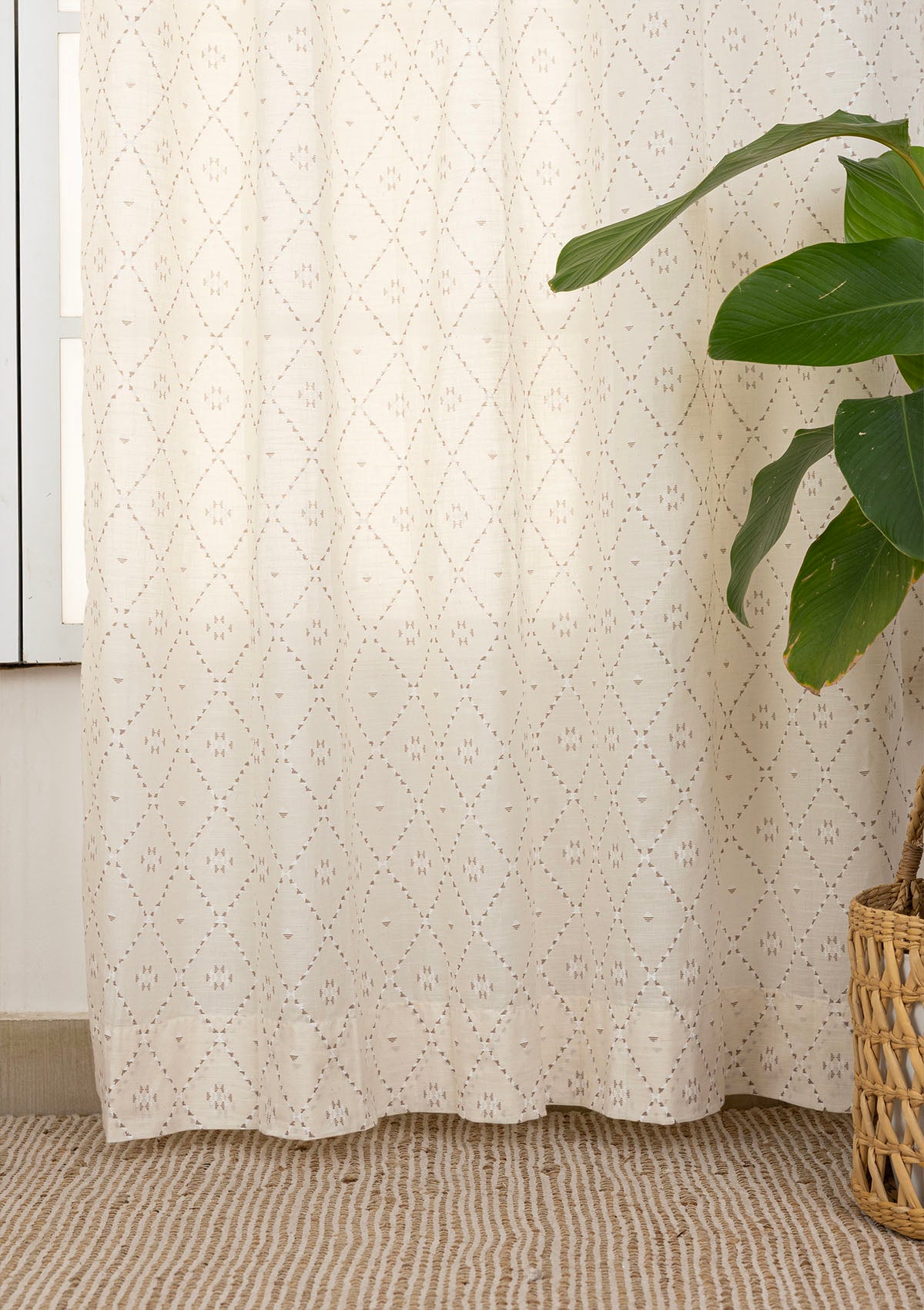 Truffle Brown Geometric Printed 100% Cotton Sheer Curtain For Living Room | Light Reduction | Single Piece