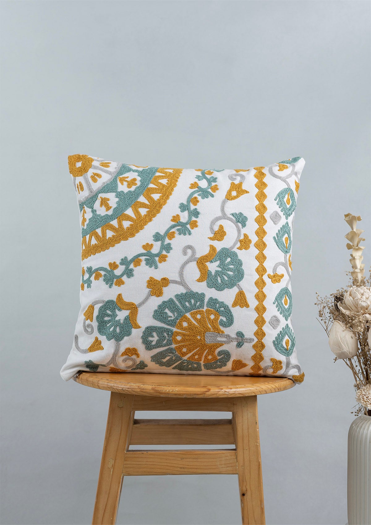 Tura Embroidered & Topaz Printed  100% Cotton Cushion Covers for Sofa - Blue and Yellow - Pack of 2