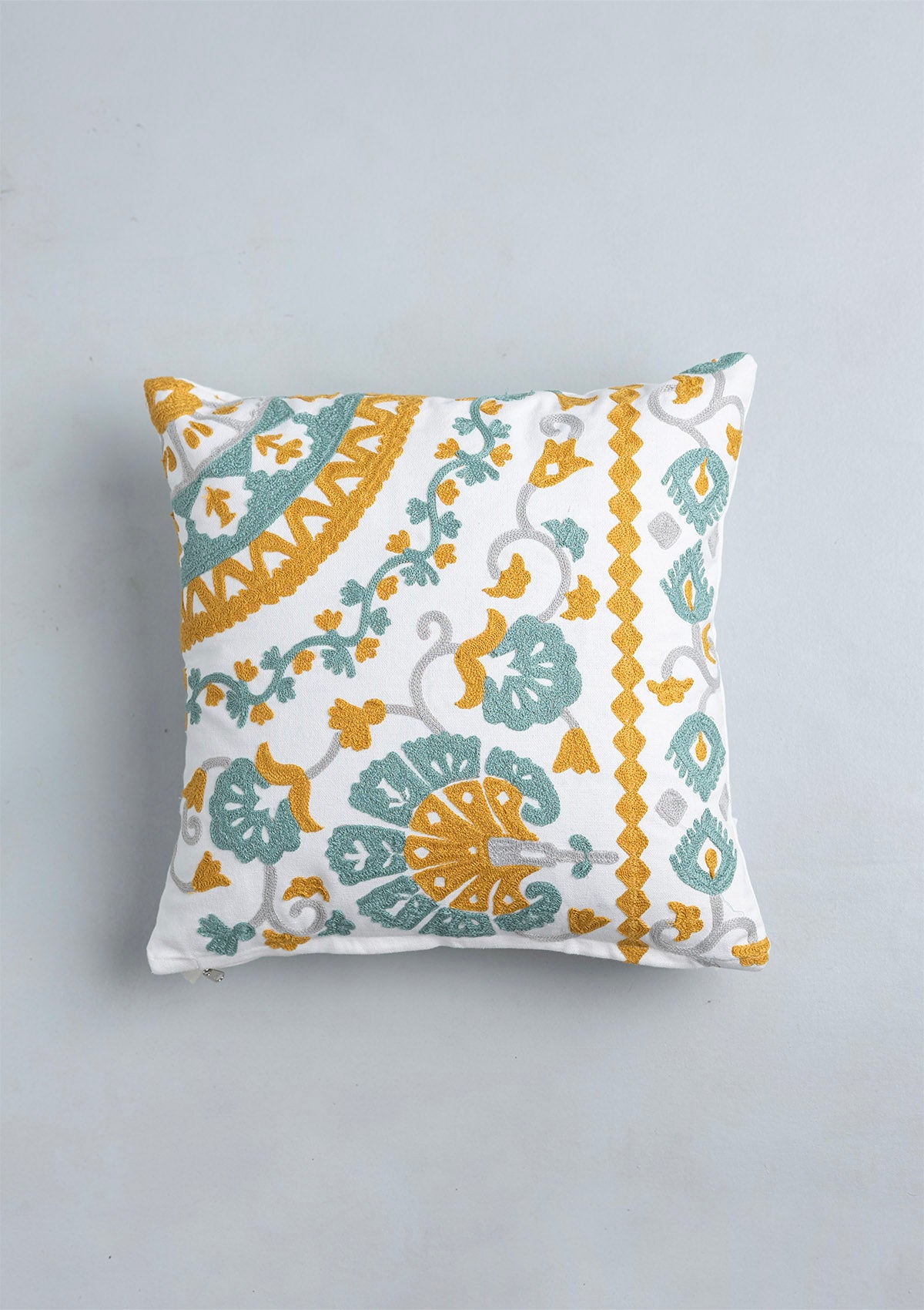 Tura 100% Cotton Embroidered Blue and Yellow Cushion Cover - 16"
