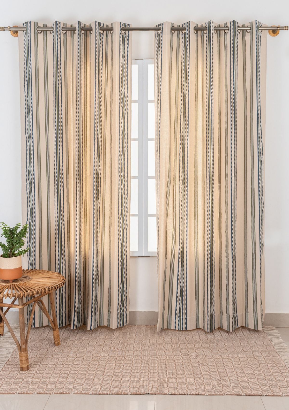 Roman Stripes Printed Cotton Curtain -  Pepper Green and Night Blue