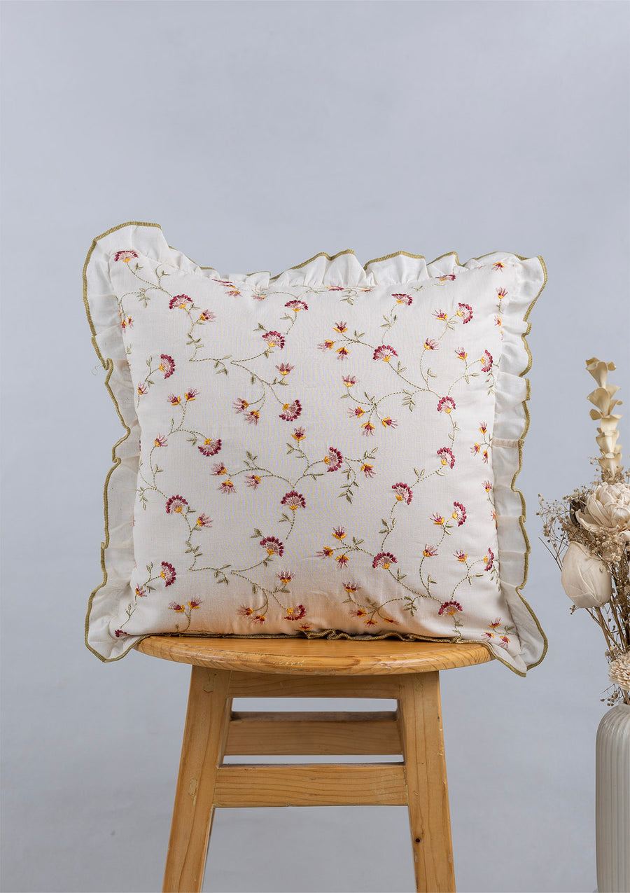 Vaanya 100% Cotton Sheer Embroidered Green and Pink Cushion Cover - 16