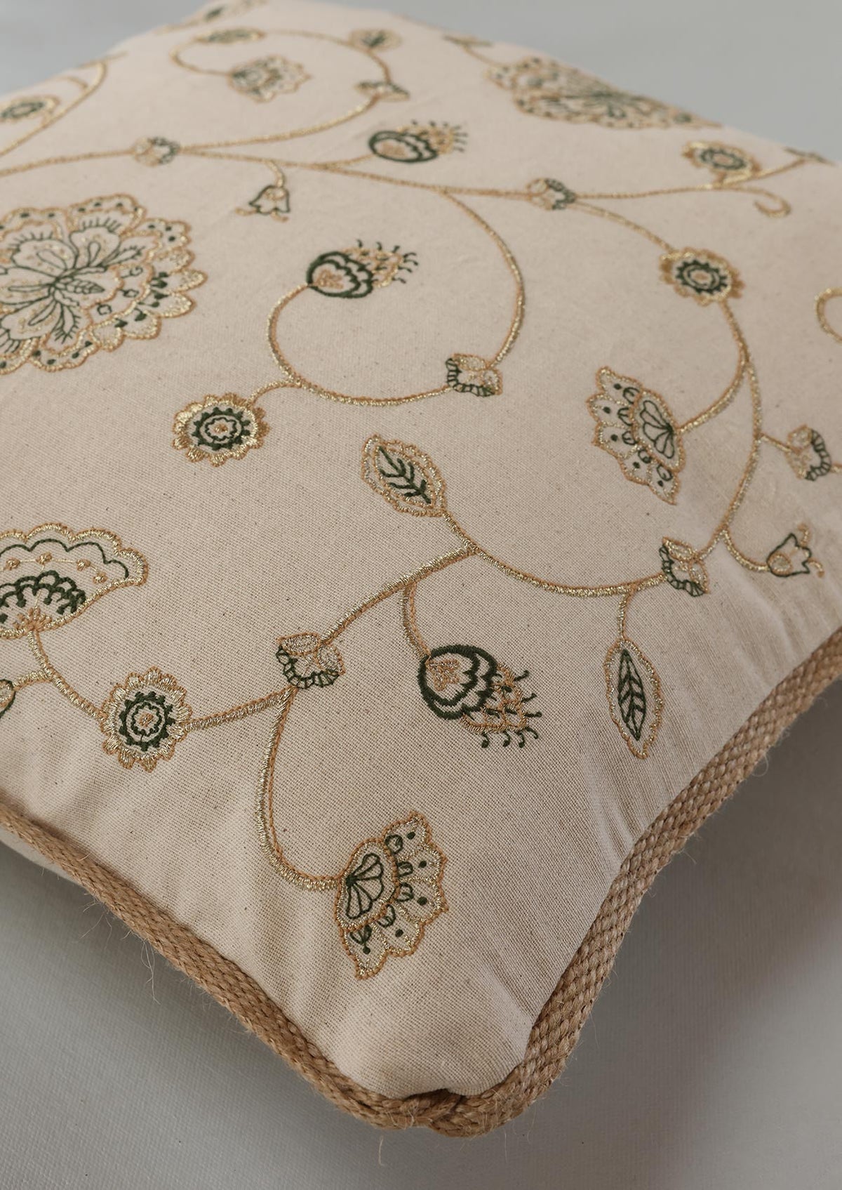 Valli Green & Gold | Gold Embroidered Floral |100% Cotton Cushion Cover For Sofa