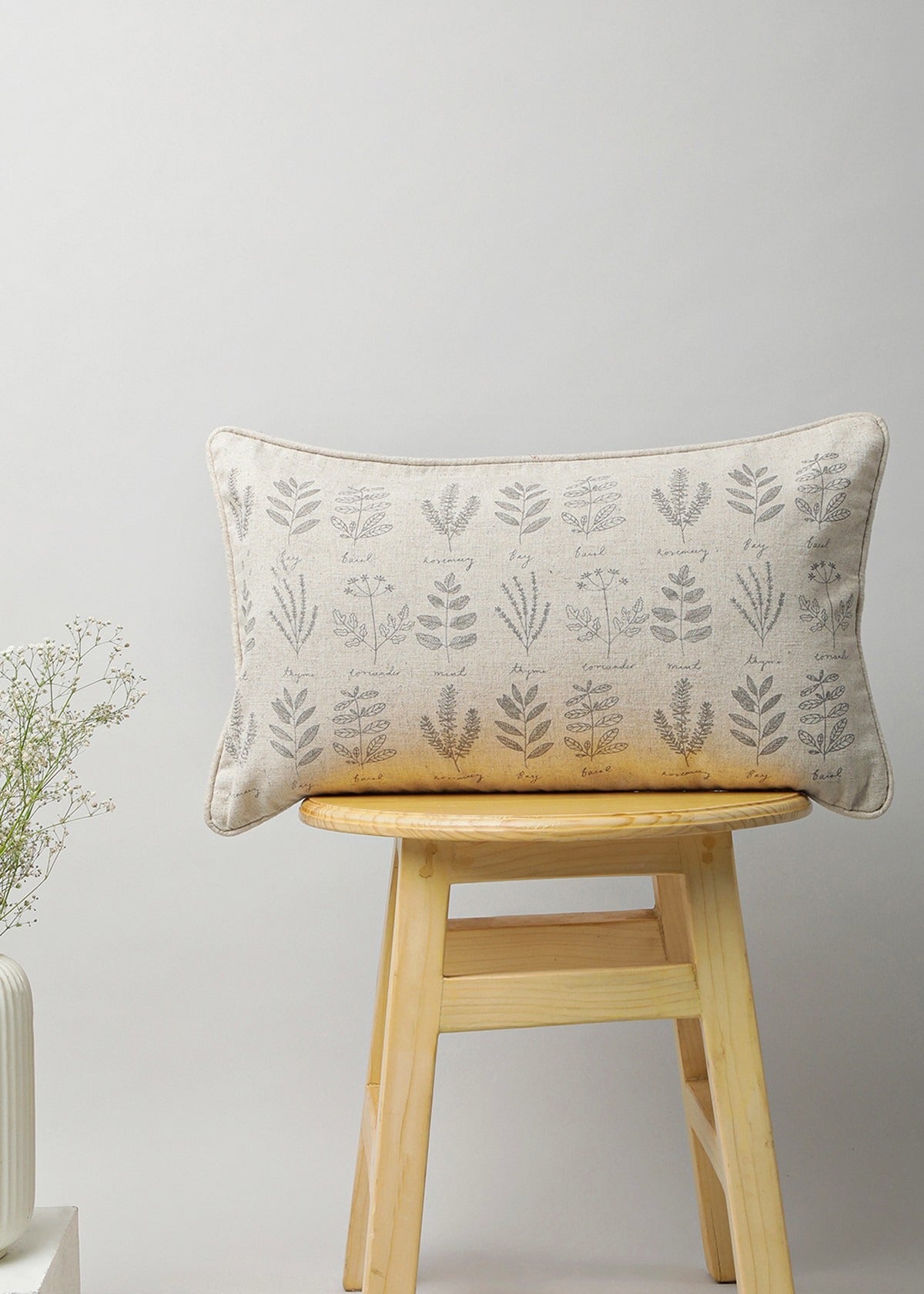 Vintage Herbs Printed Cotton Cushion Cover - Beige