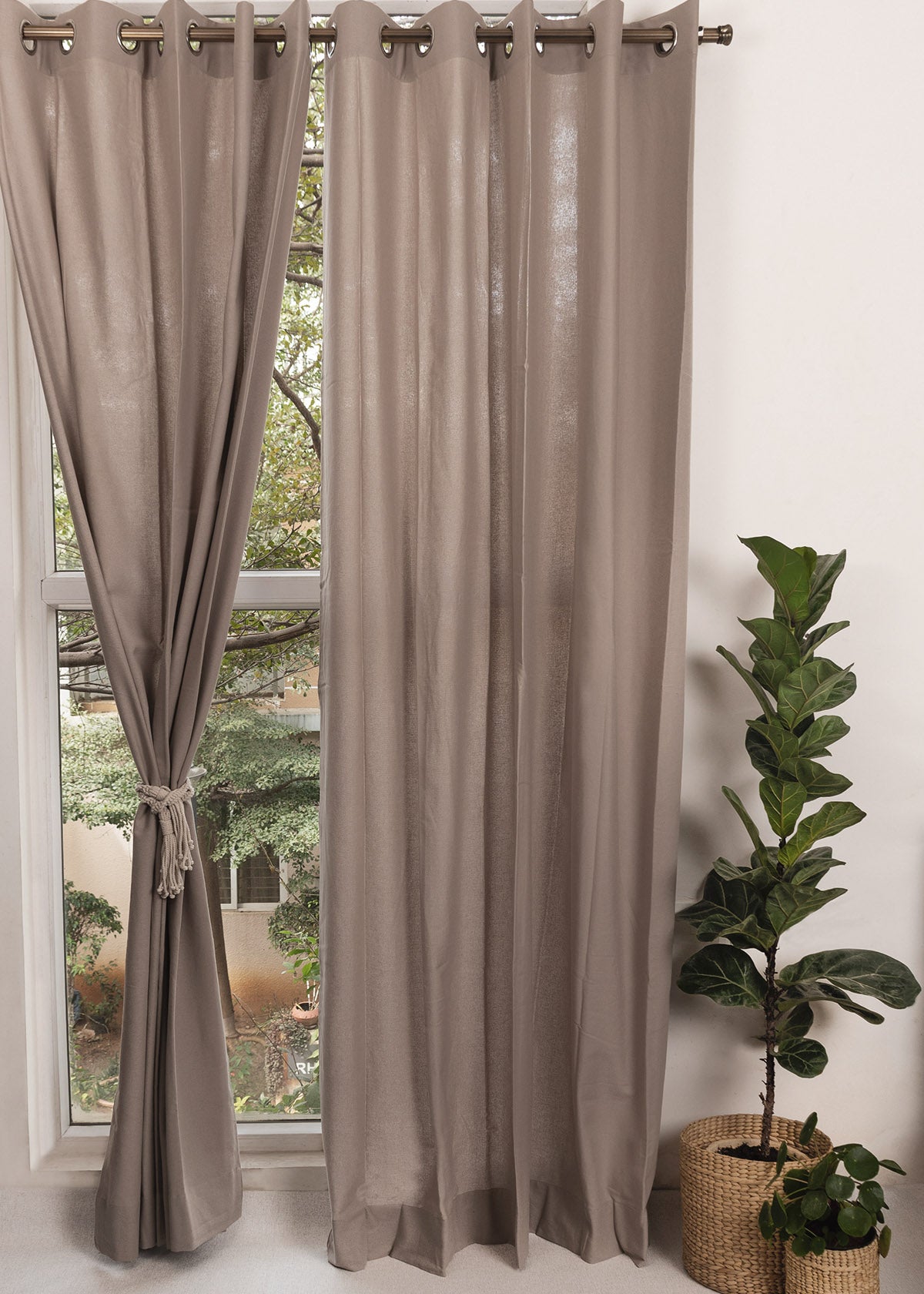 Solid Walnut grey 100% Customizable Cotton plain curtain for bedroom - Room darkening