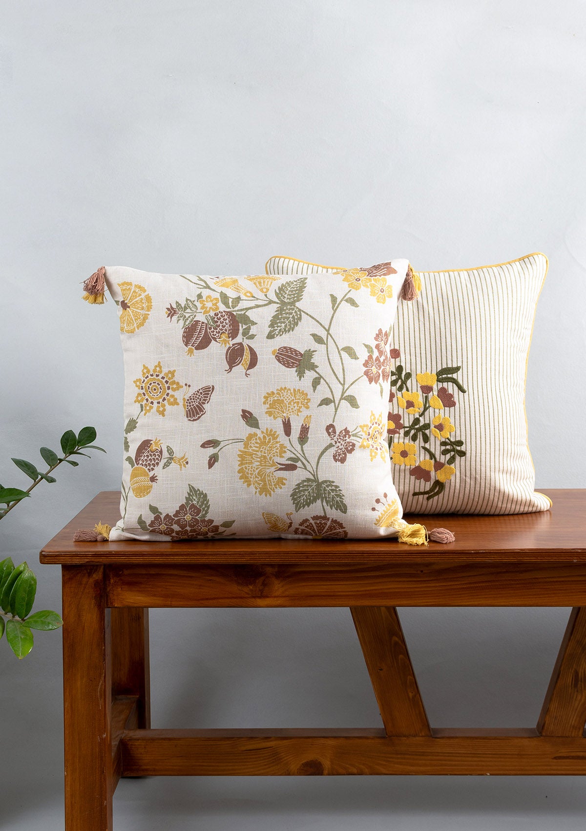 Waltz Printed & Floret Embroidered Floral Pattern Multicolor 100% Cotton Cushion Covers for Sofa - Pack of 2