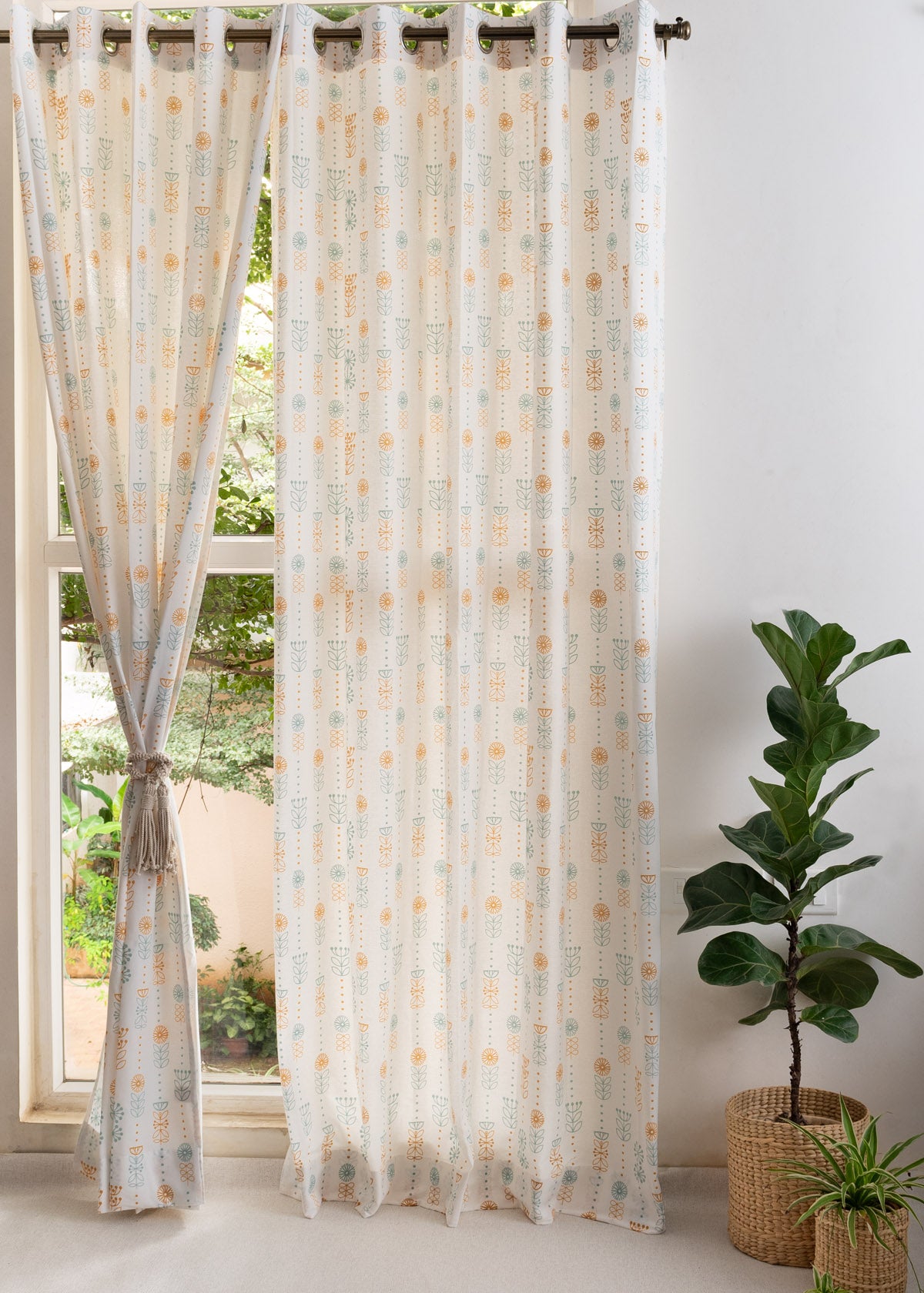 Wild Bouquet Printed Cotton Curtain - Yellow