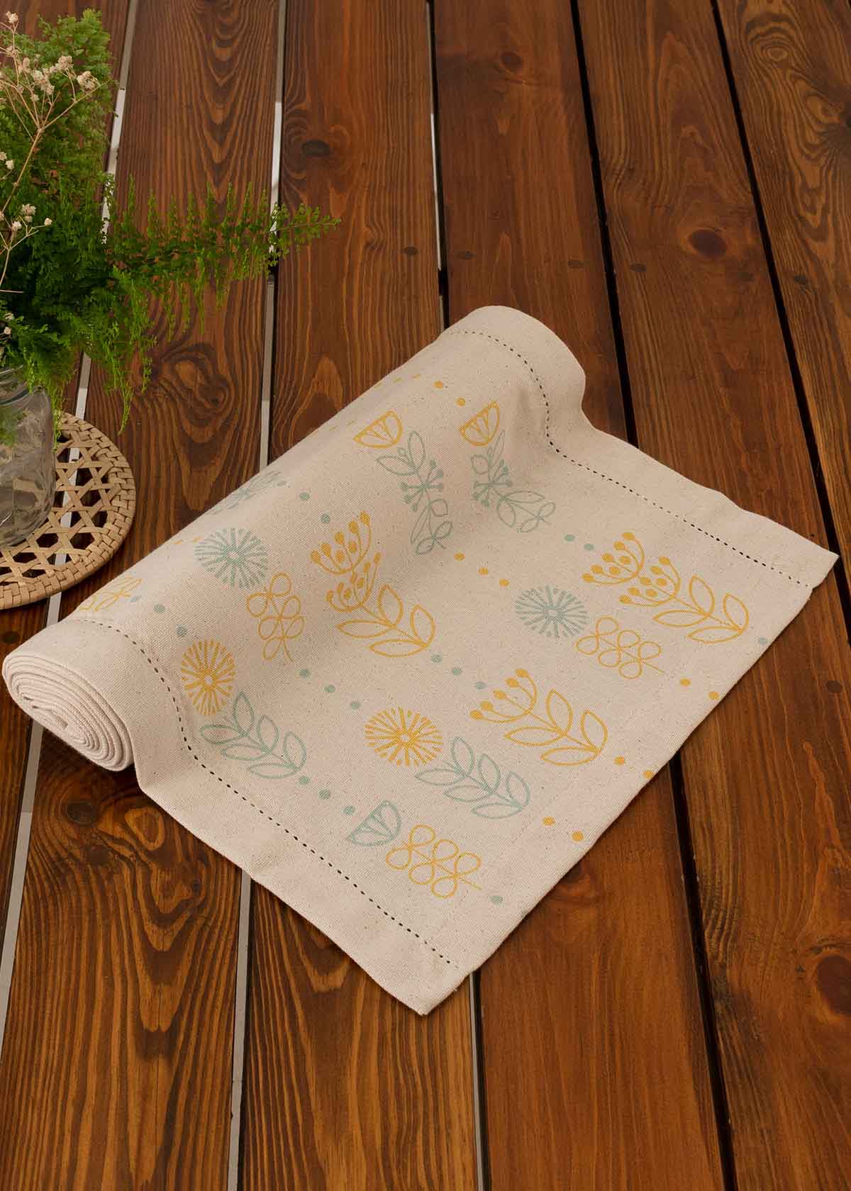 Wild Bouquet 100% cotton floral table runner for 4 seater or 6 seater Dining with tassels - Blue