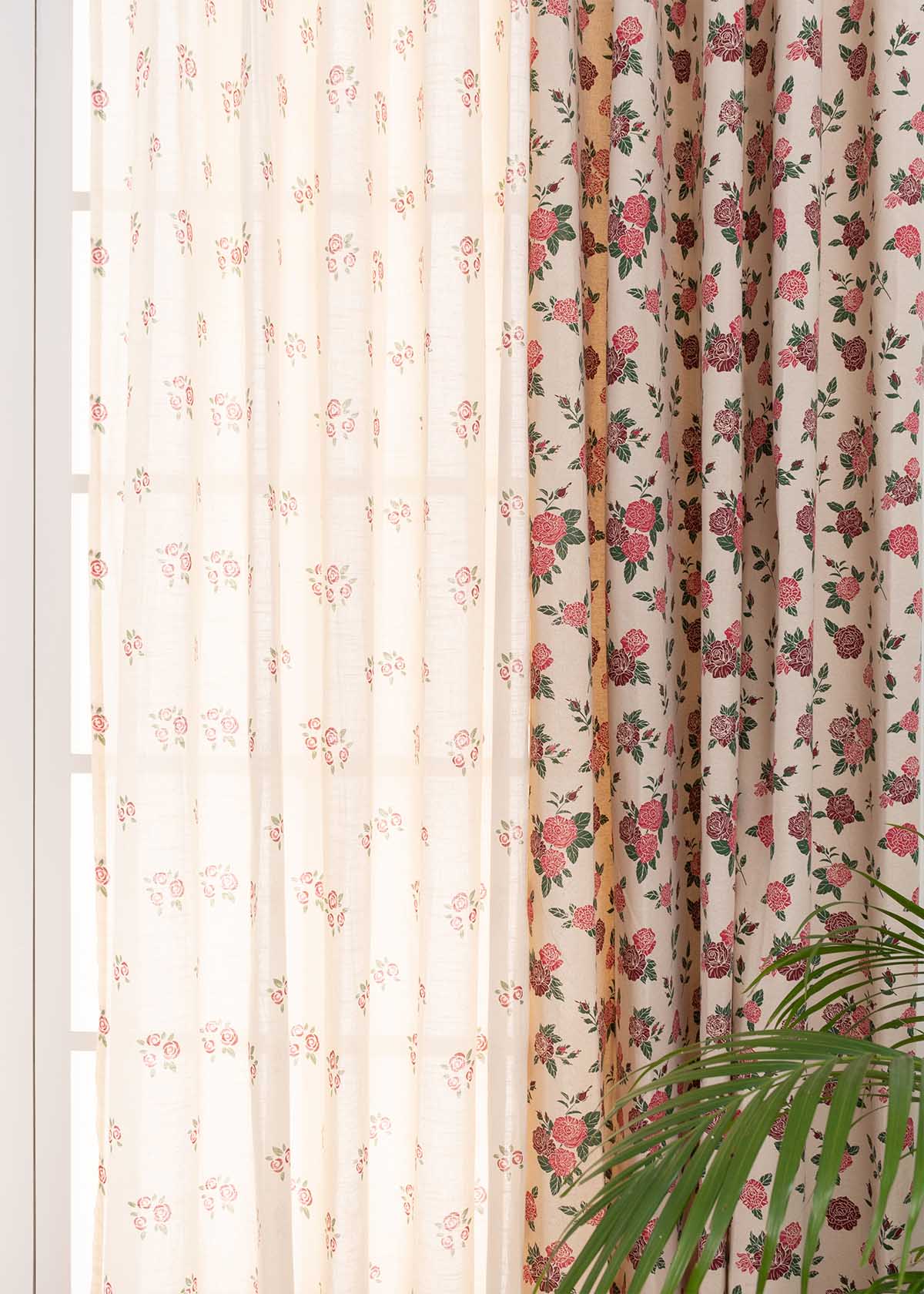 Wild Roses, Rose Garden Sheer Set Of 4 Combo Cotton Curtain - Wine Red