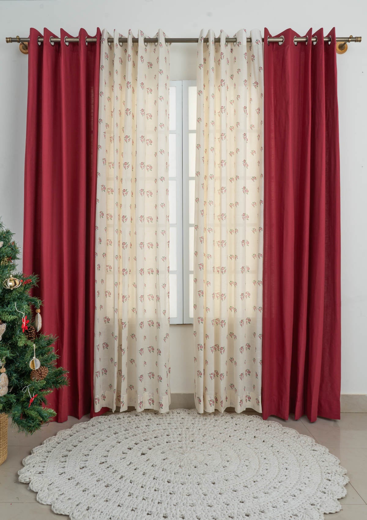 Wine red with rose garden sheer Set of combo curtain - Multicolor