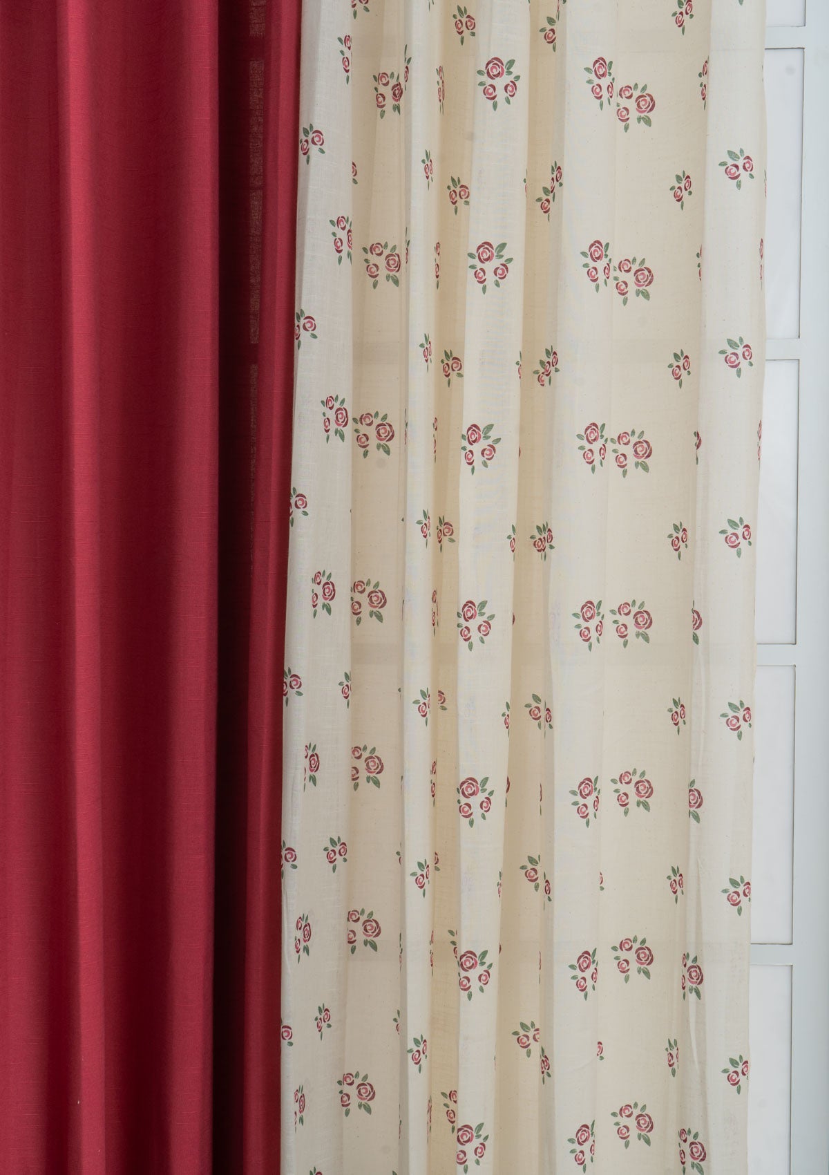 Wine red with rose garden sheer Set of combo curtain - Multicolor