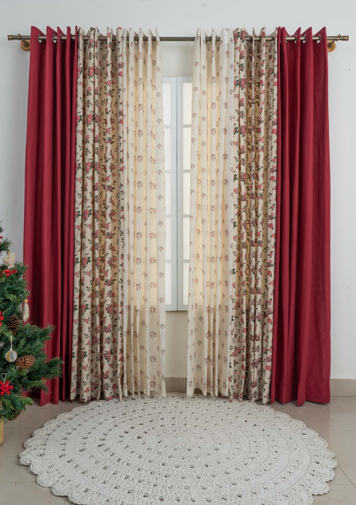Wine red with Wild roses and Rose garden set of 6 combo curtain - Multicolor