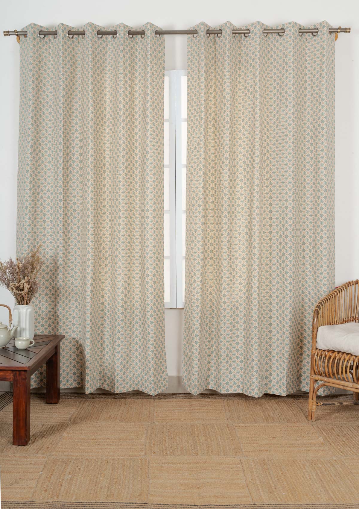 Yura 100% cotton geometric curtain for living room - Room darkening - Aqua blue - Single - Pack of 1