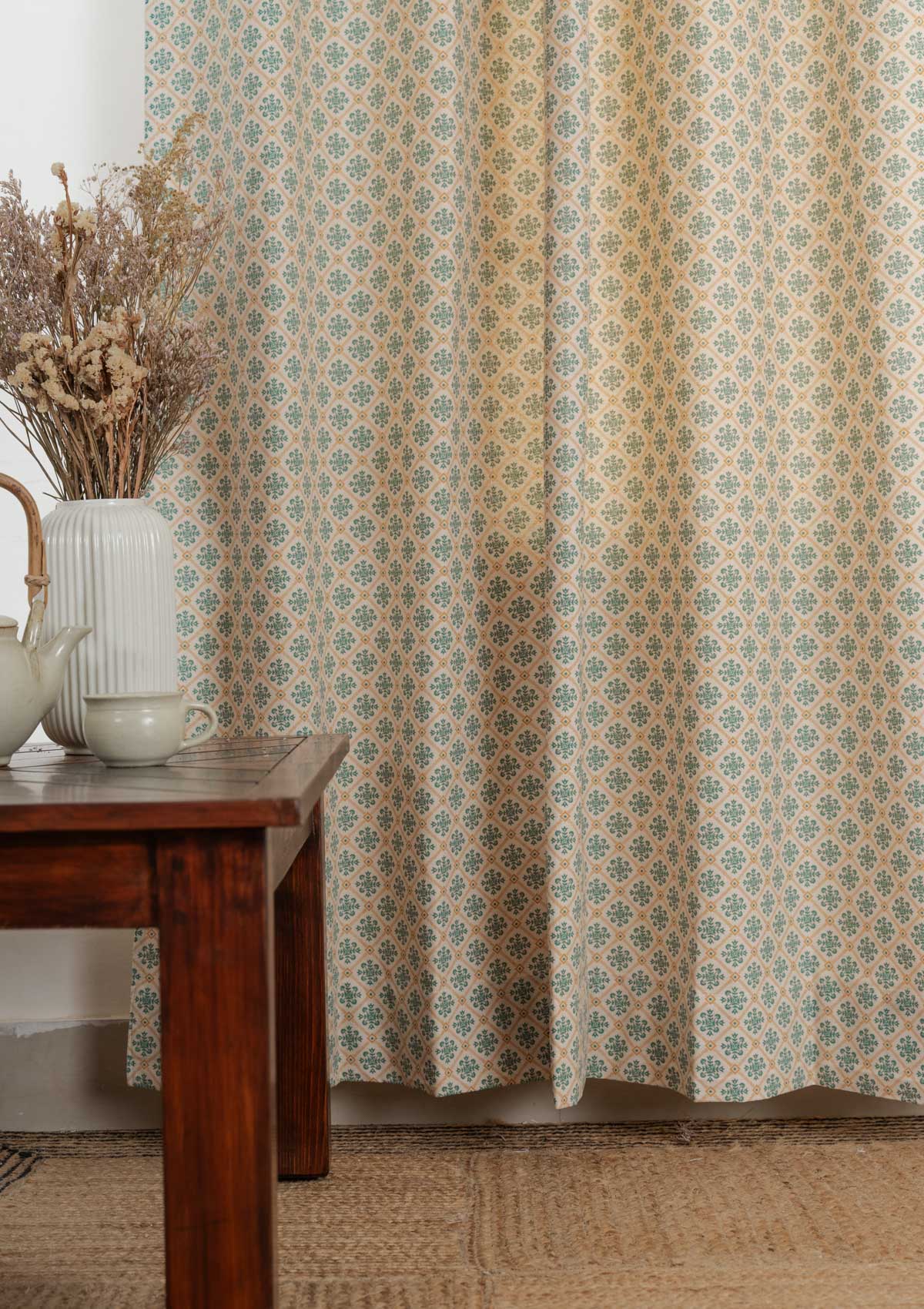 Yura 100% cotton geometric curtain for living room - Room darkening - Aqua blue - Single
