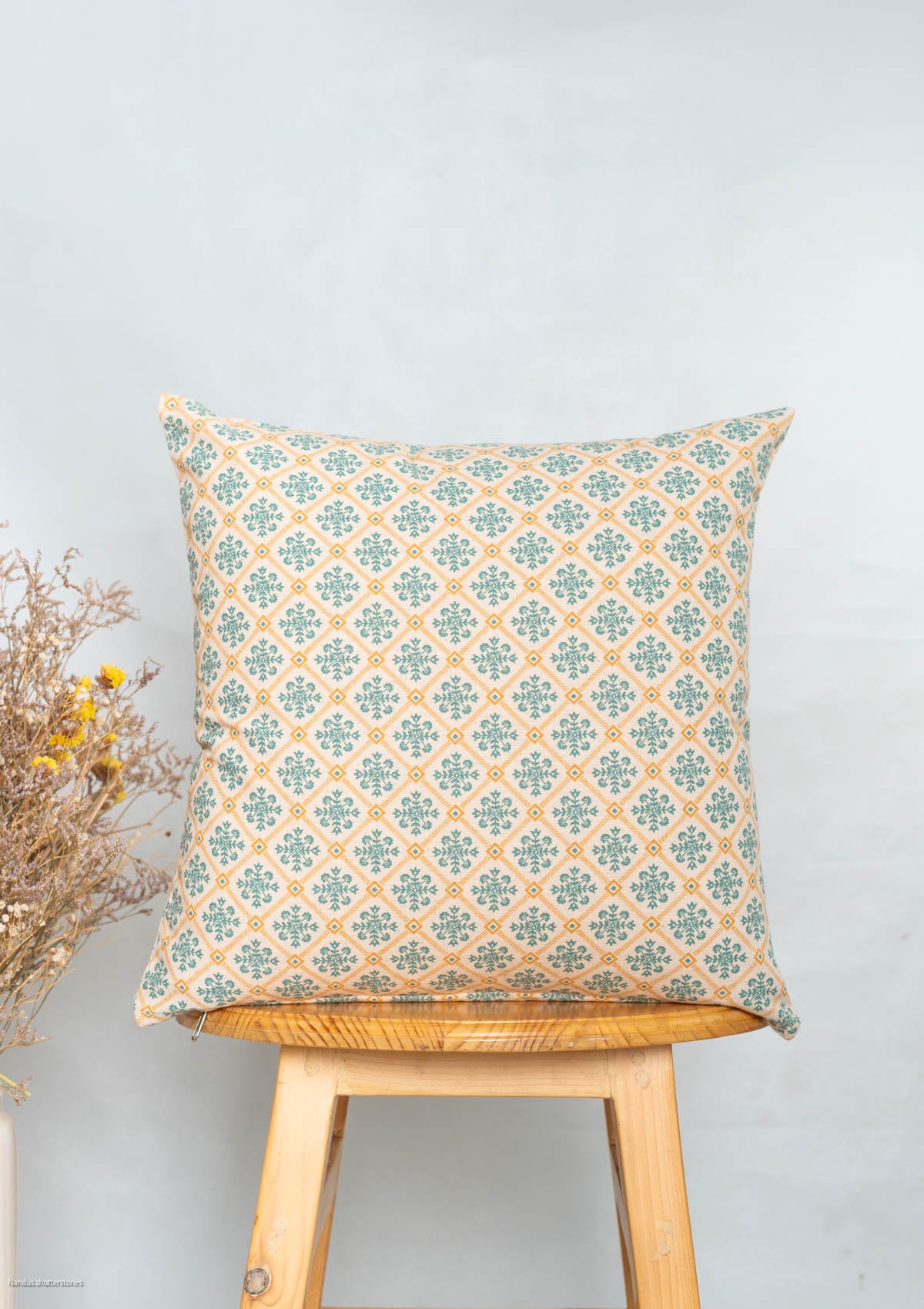 Aura 100% cotton boho cushion cover combo set for sofa- Mustard and aqua blue