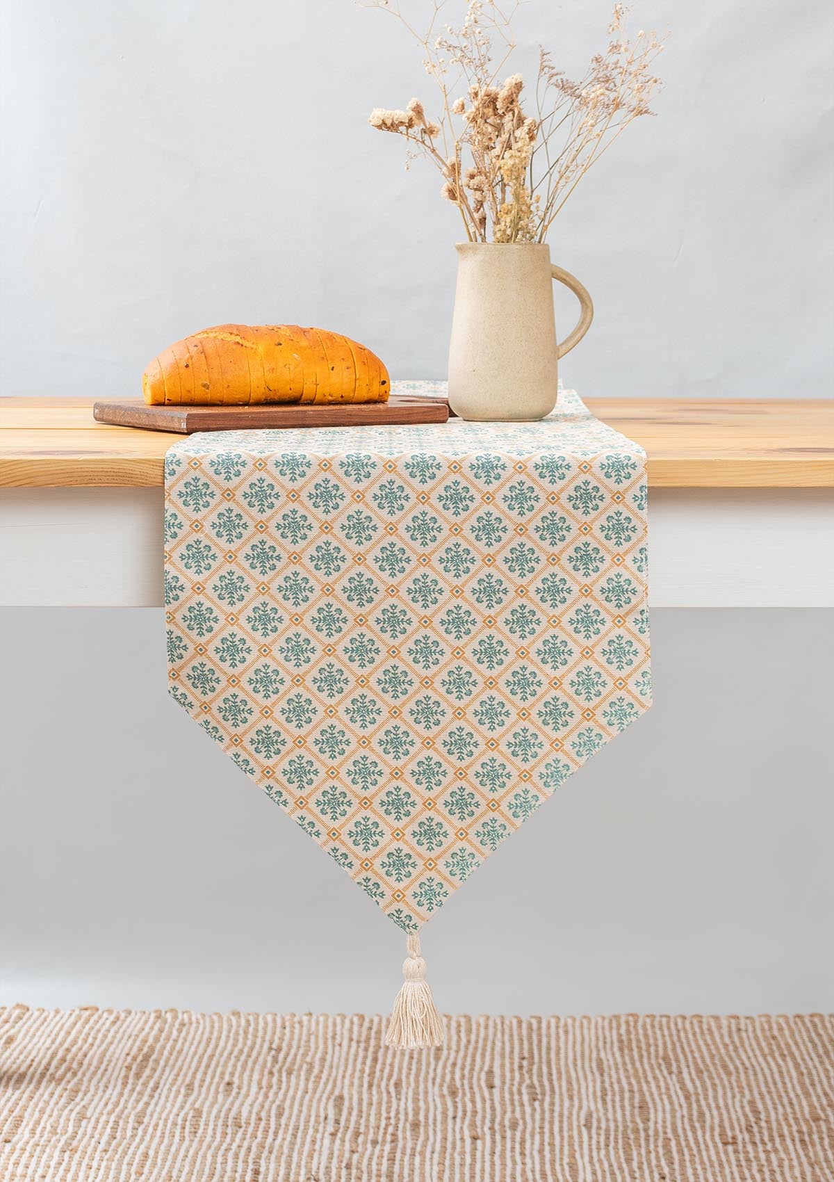 Yura 100% cotton geomtric table runner for 4 seater or 6 seater dining - Aqua blue - With tassels
