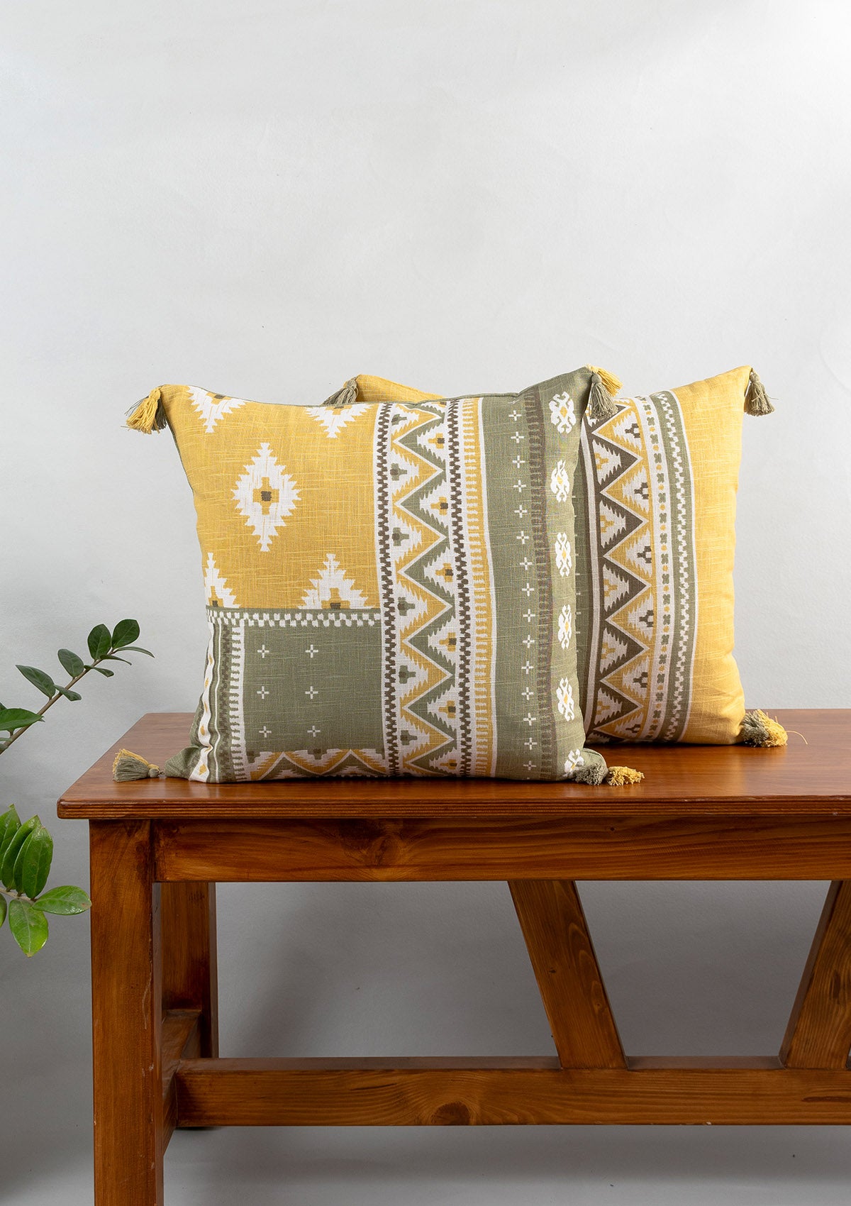 Zenith 100% Cotton Printed Geometric Design & Nadar Printed Geometric Cushion Covers for Sofa - Yellow Pack of 2