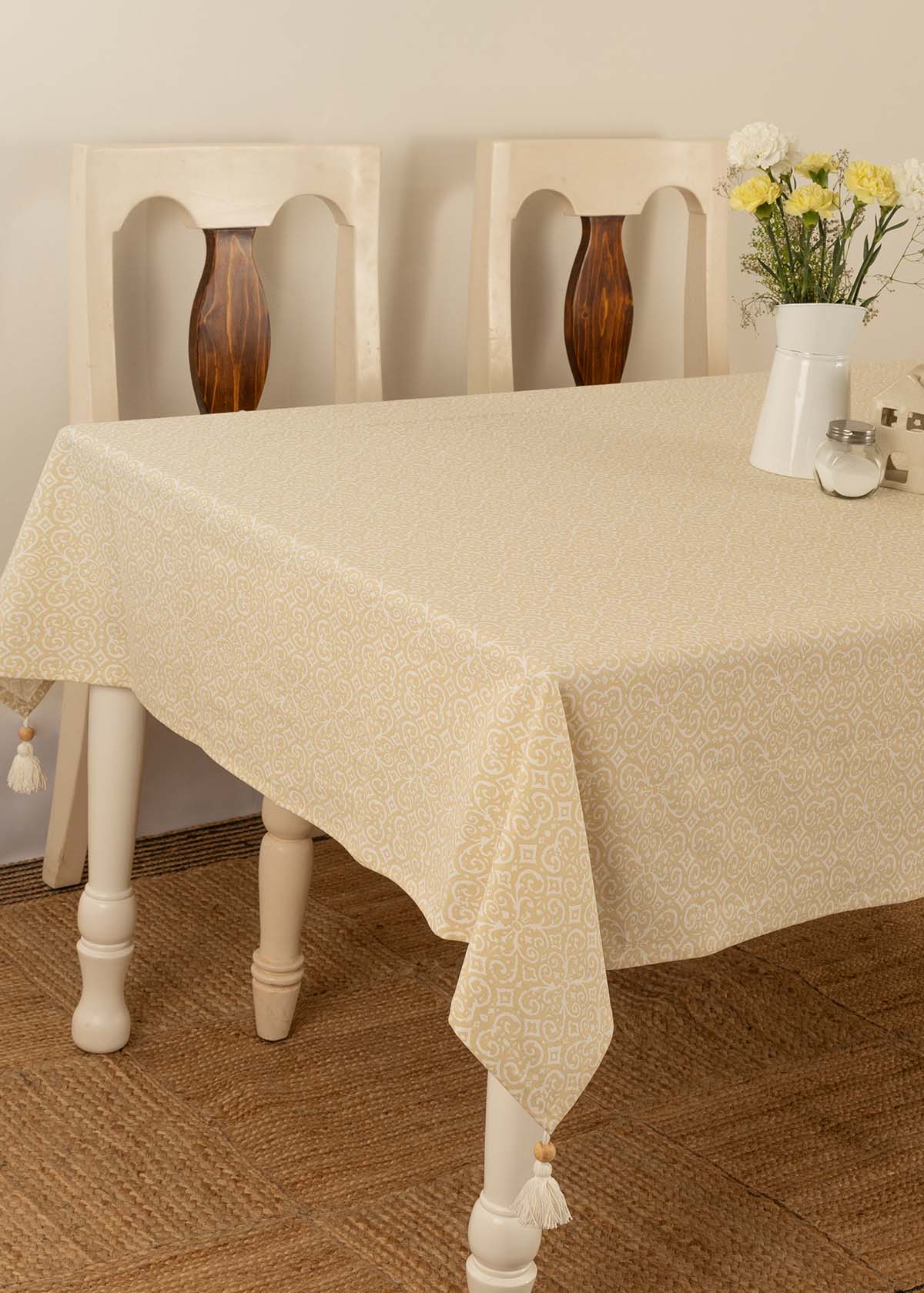 Antique rose Printed Cotton Table Cloth - Cream